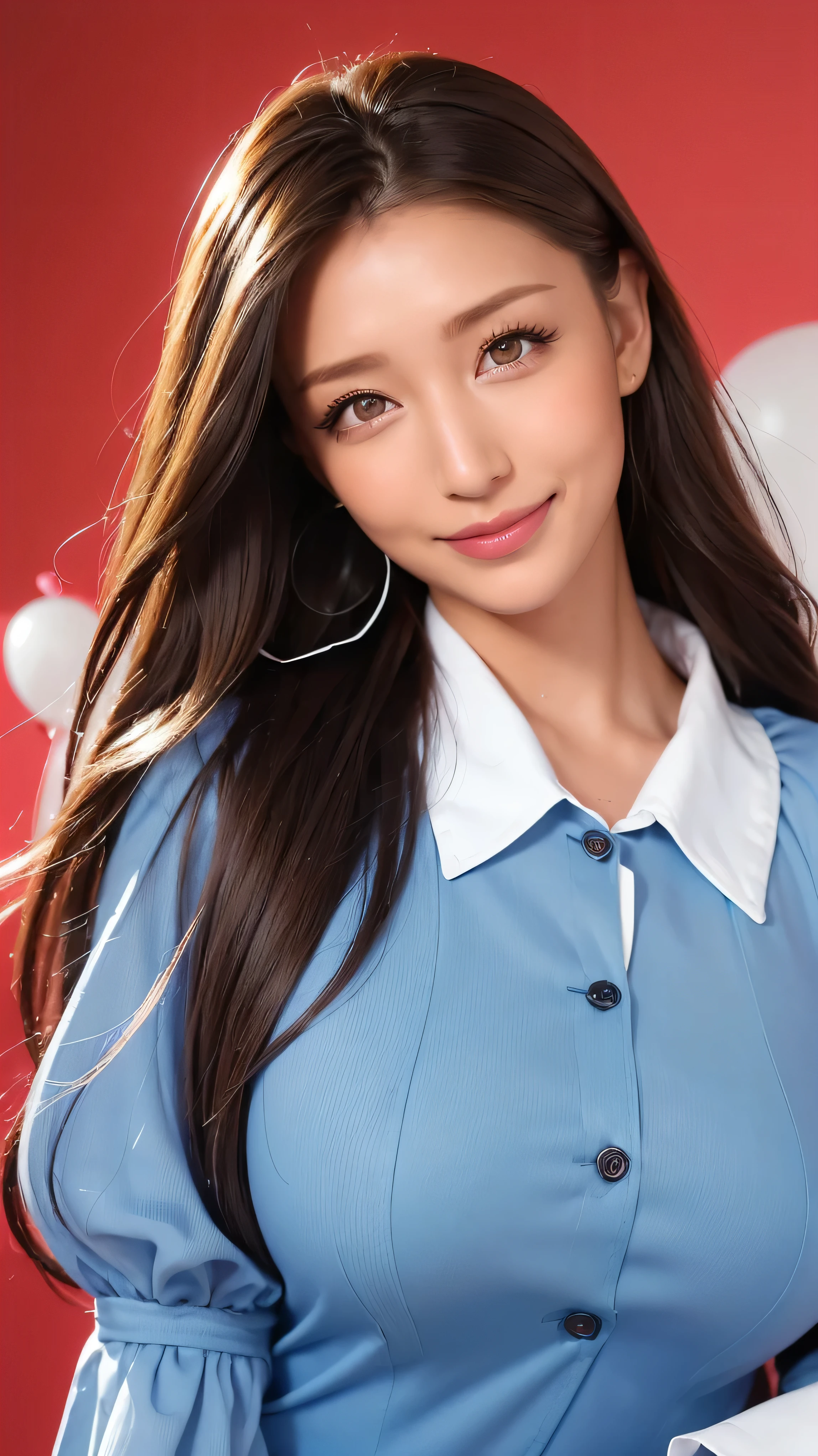 ( cowboy shooting、 best quality 、8k、Award-winning works、 Ultra-high definition)、 beautiful woman、、 bright color contacts 、Perfect gal makeup、Bright and shiny lipstick、Very sexy lips、( very heavy gal makeup:1.2)、( my eyes are dark brown beige :1.1)、 beautiful bright eyeshadow 、 Wear Heavy Makeup Around Their Eyes 、(midium breasts:1.2)、 very long wavy hair、(Romantic affection:1.1)、 I have the best smile when I look at me , Exact Anatomy、 ultra HD hair、( ultra-high definition perfect beautiful teeth:1.1)、Beautiful super high resolution face 、 Ultra HD Curls Super Long Hair 、 See-through bang 、Ultra HD Shining Eyes、 radiant ultra-high definition beautiful skin 、 Ultra-high definition glossy lips 、((((A collared button-up mini dress with a pleated hem, made of lightweight sheer fabric. It has an open-collar design with the first button at the position of a typical second button. The dress is blue overall, with a white collar and cuffs. The cuffs have two buttons, and the balloon sleeves are puffed:1.3))