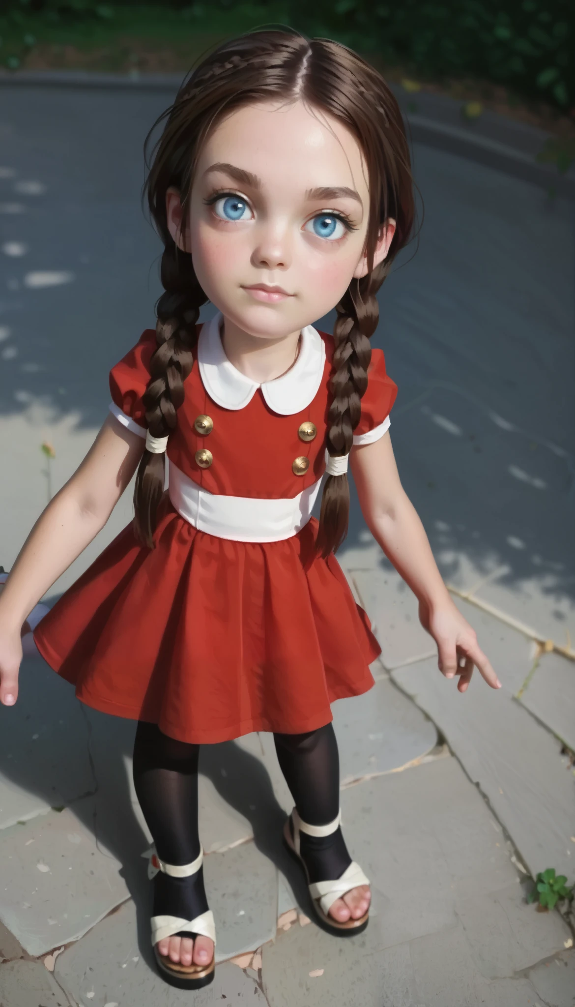 score_9, score_8_up, score_7_up, 1 girl , very young girl, blue eyes, in leggings, god, in a short summer dress, long brown hair braided in two braids, very cute face , collar, in high-platform sandals and high heels, standing right in front of the viewer, spread legs, black pantyhose, view from above ,