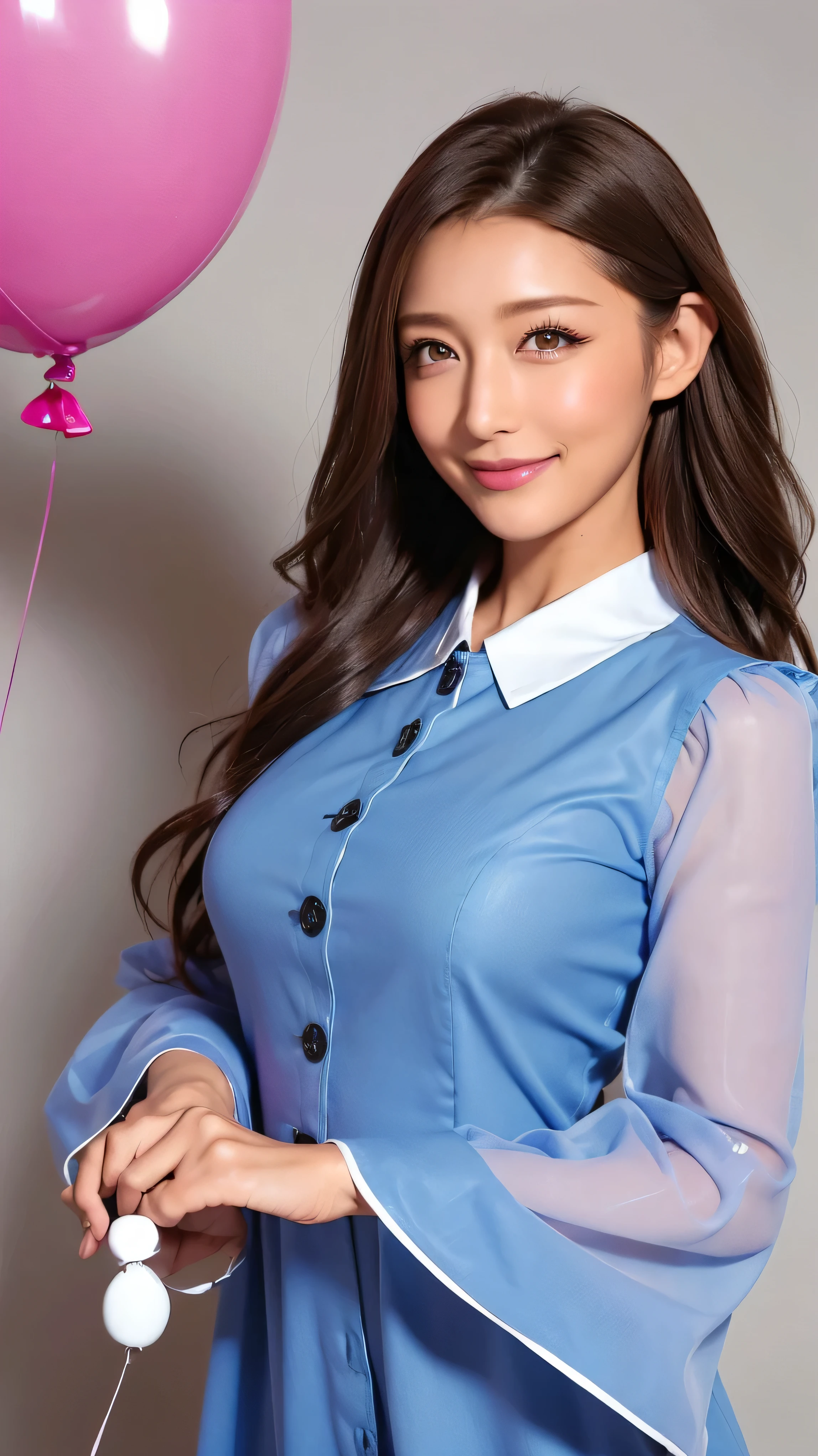 ( cowboy shooting、 best quality 、8k、Award-winning works、 Ultra-high definition)、 beautiful woman、、 bright color contacts 、Perfect gal makeup、Bright and shiny lipstick、Very sexy lips、( very heavy gal makeup:1.2)、( my eyes are dark brown beige :1.1)、 beautiful bright eyeshadow 、 Wear Heavy Makeup Around Their Eyes 、(midium breasts:1.2)、 very long wavy hair、(Romantic affection:1.1)、 I have the best smile when I look at me , Exact Anatomy、 ultra HD hair、( ultra-high definition perfect beautiful teeth:1.1)、Beautiful super high resolution face 、 Ultra HD Curls Super Long Hair 、 See-through bang 、Ultra HD Shining Eyes、 radiant ultra-high definition beautiful skin 、 Ultra-high definition glossy lips 、((((A collared button-up mini dress with a pleated hem, made of lightweight sheer fabric. It has an open-collar design with the first button at the position of a typical second button. The dress is blue overall, with a white collar and cuffs. The cuffs have two buttons, and the balloon sleeves are puffed:1.3))