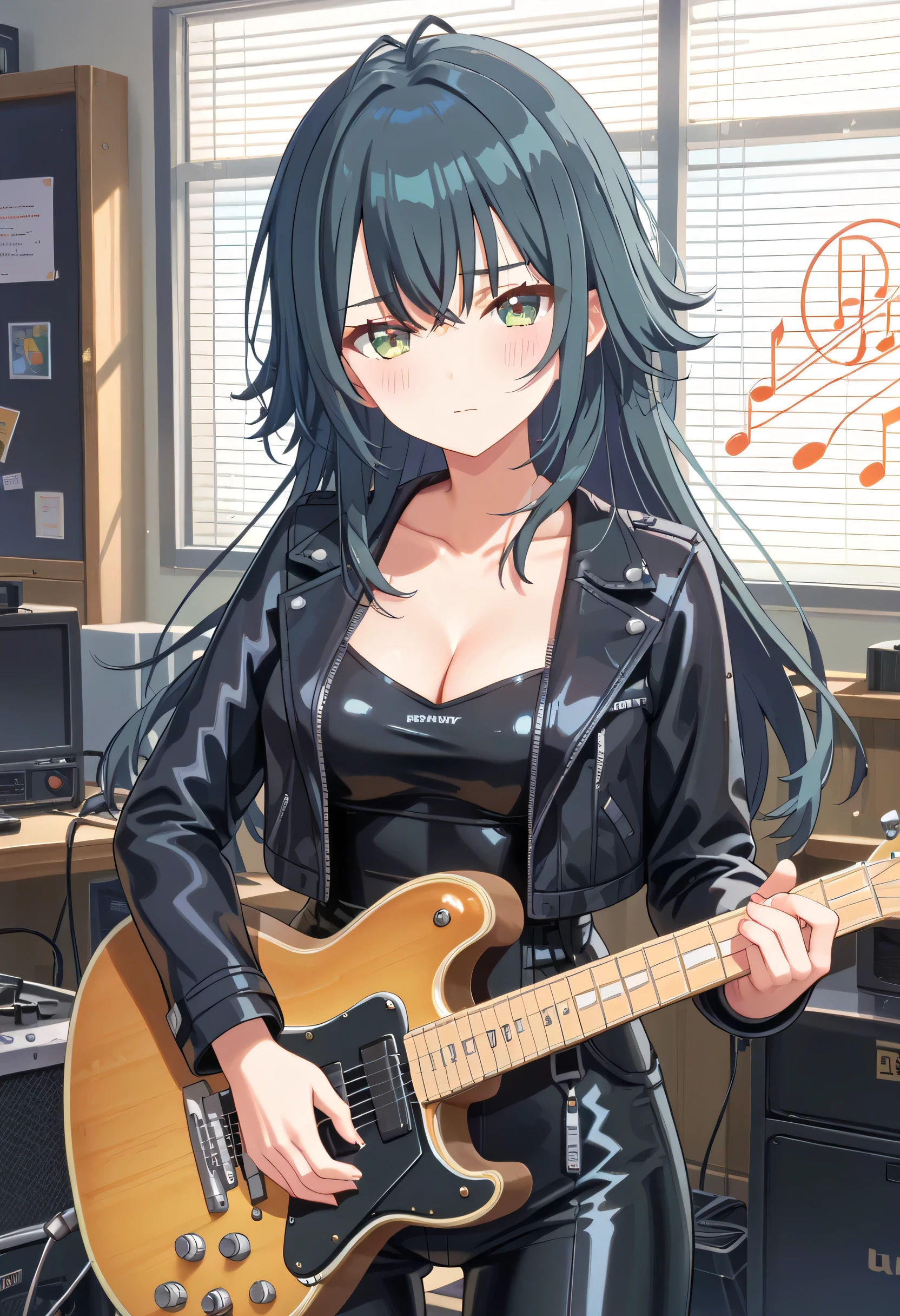 tsukimura_temari, 1girl, black hair, (masterpiece),(best quality),(ultra-detailed),(best illustration),(best shadow),(absurdres),(detailed background),(very aesthetic),looking at viewer, large breasts, long sleeves, cleavage, standing, collarbone, cowboy shot, open clothes, indoors, open jacket, black jacket, bodysuit, black pants, music, holding instrument, playing instrument, latex, electric guitar, leather jacket, plectrum, leather pants, nude jacket, blush, shy,