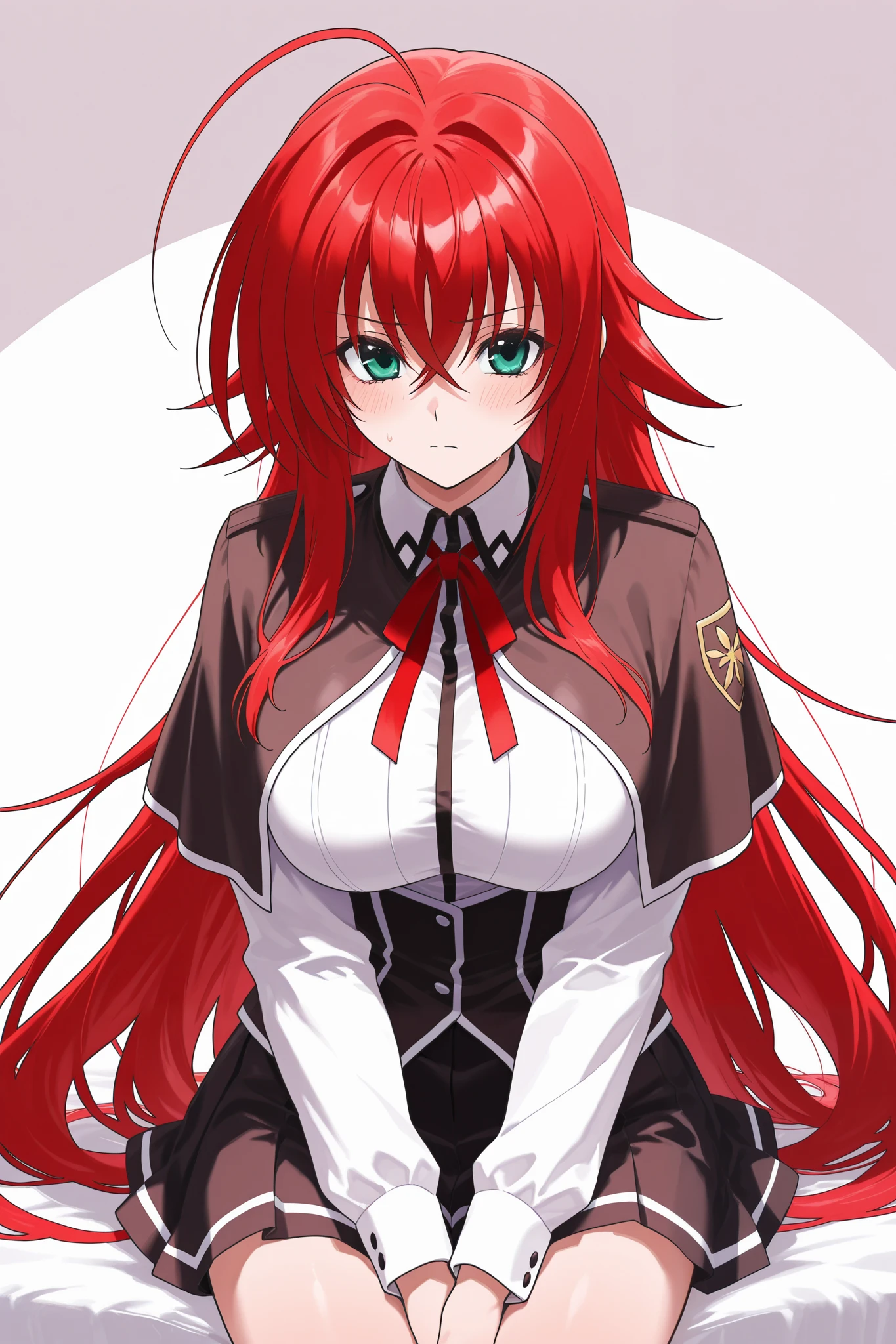 NSFW,masterpiece, best quality , high resolution, very detailed on trends, Rias Gremory 、Huge ahoge、 long hair、Hair between the eyes、 green eyes、Red Hair、 shirt、ribbon、uniform、白い shirt、黒いribbon、ネックribbon、 capelets、黒い capelets、 Long Sleeve、 skirt 、赤い skirt