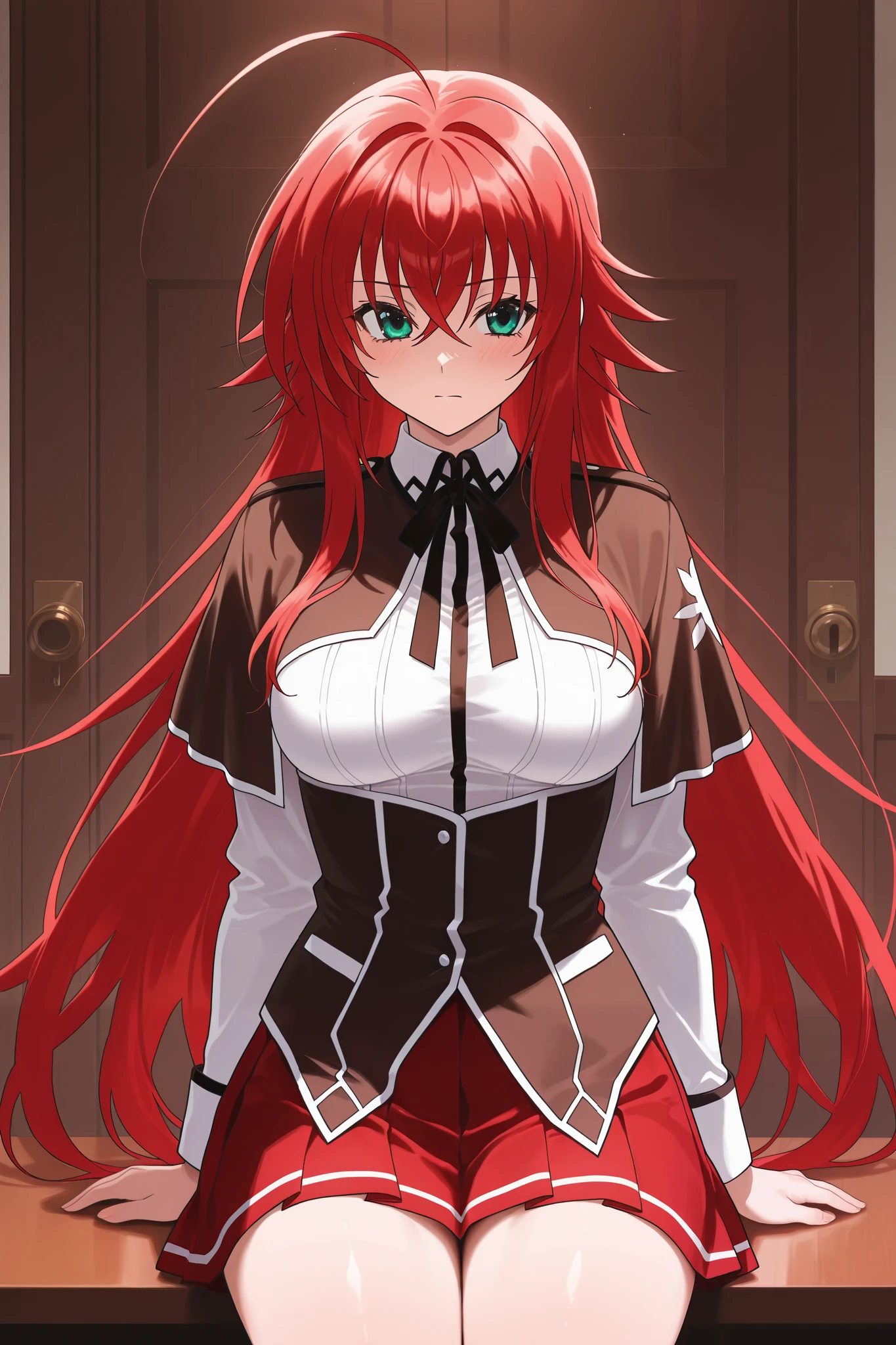 NSFW,masterpiece, best quality , high resolution, very detailed on trends, Rias Gremory 、Huge ahoge、 long hair、Hair between the eyes、 green eyes、Red Hair、 shirt、ribbon、uniform、白い shirt、黒いribbon、ネックribbon、 capelets、黒い capelets、 Long Sleeve、 skirt 、赤い skirt 
