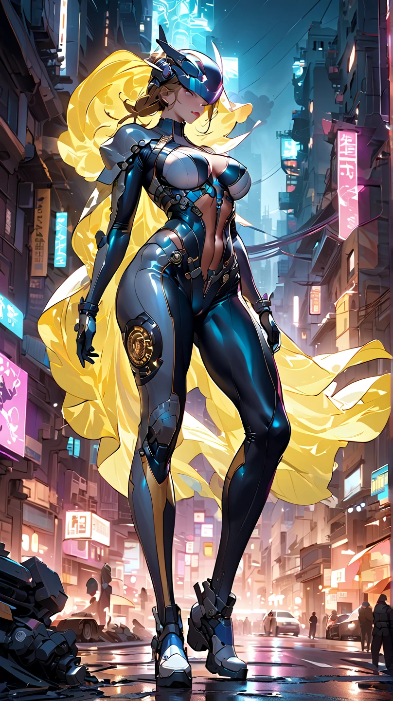 best quality,4k,8k,highres,masterpiece:1.2),ultra-detailed, extremely detailed eyes, extremely detailed body, (large masterpiece digital art), (detailed manga illustration), (detailed line art), ((perfect anatomy)), high quality, expressive eyes, full body, tall girl, detailed face, beautiful face, perfect face, breasts, cleavage, gloves, A photograph of mid-twenties Japanese female android made of shiny white and silver translucent glass and plastic, geisha makeup and hairstyle, silver metal internal body mechanisms, dynamic pose, flowing organic construction, glowing golden circuitry, colorful neon trim, glowing circuitry, neon trim, depth of field focus f/2.8, art by H.R. Giger, Greg Rutowski, bodysuit, thick thighs, toned, emblem, cinematic lighting, dynamic lighting, 4k resolution, dynamic pose, weapon, energy weapon, cover, mecha musume, fortified suit, mechanical parts, headgear, robot joints, bodysuit, deva battle suit, gloves, Atey Ghailan, Jeremy Mann, Greg Manchess, Antonio Moro, trend in ArtStation, trend in CGSociety, Intricate, High Detail, Sharp focus, dramatic and photorealistic painting art by Midjourney and Greg Rutkowski, Jeff Bridges, ((cartoon style)), Marvel Cinematic Universe style,