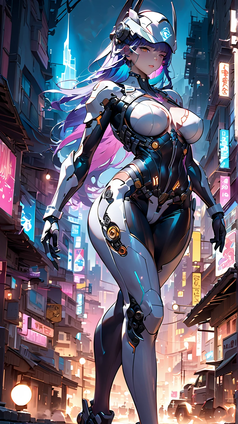 best quality,4k,8k,highres,masterpiece:1.2),ultra-detailed, extremely detailed eyes, extremely detailed body, (large masterpiece digital art), (detailed manga illustration), (detailed line art), ((perfect anatomy)), high quality, expressive eyes, full body, tall girl, detailed face, beautiful face, perfect face, breasts, cleavage, gloves, A photograph of mid-twenties Japanese female android made of shiny white and silver translucent glass and plastic, geisha makeup and hairstyle, silver metal internal body mechanisms, dynamic pose, flowing organic construction, glowing golden circuitry, colorful neon trim, glowing circuitry, neon trim, depth of field focus f/2.8, art by H.R. Giger, Greg Rutowski, bodysuit, thick thighs, toned, emblem, cinematic lighting, dynamic lighting, 4k resolution, dynamic pose, weapon, energy weapon, cover, mecha musume, fortified suit, mechanical parts, headgear, robot joints, bodysuit, deva battle suit, gloves,