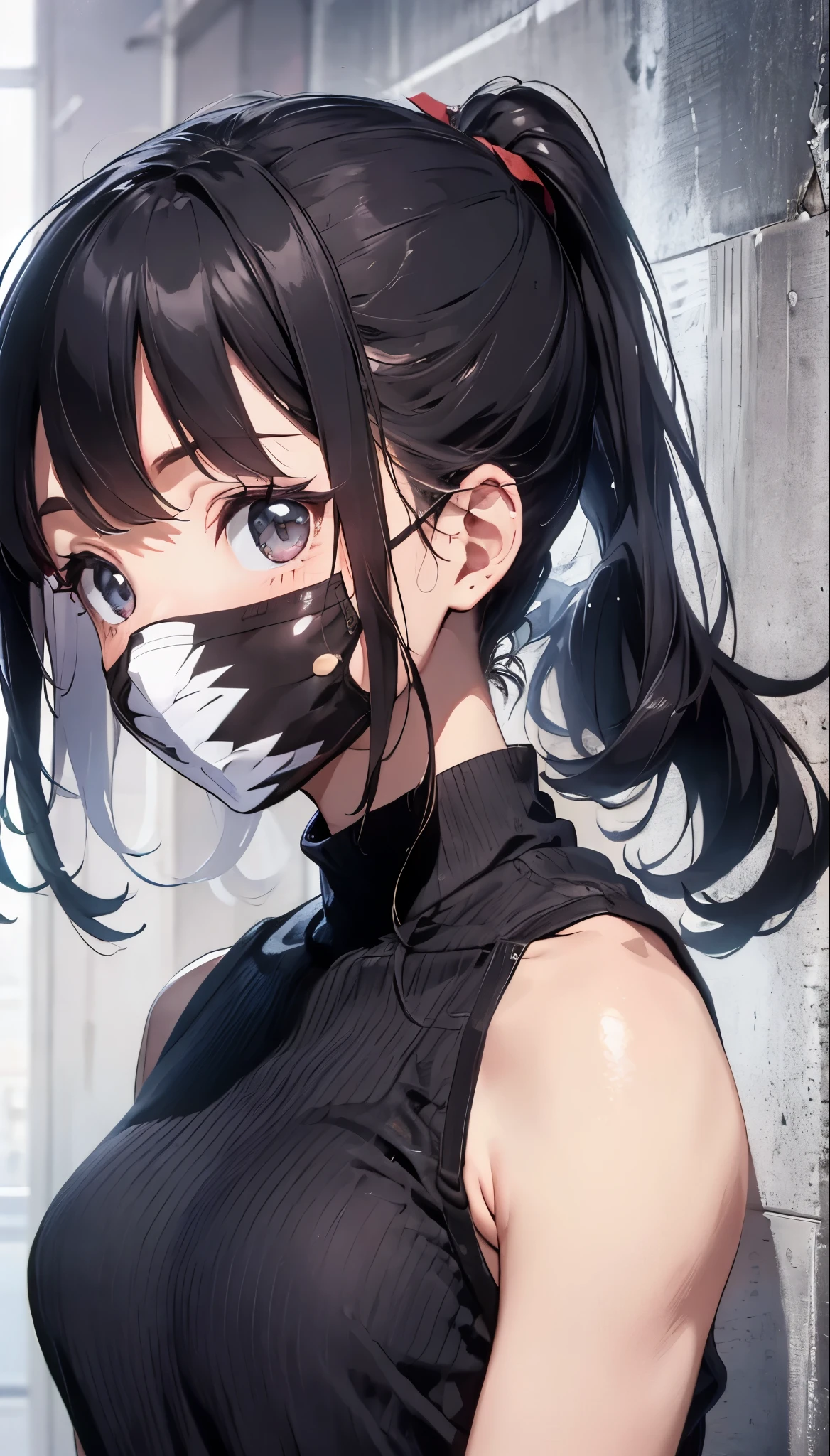masterpiece,Big Breasts,beauty,Black Hair,Side Ponytail,face mask,