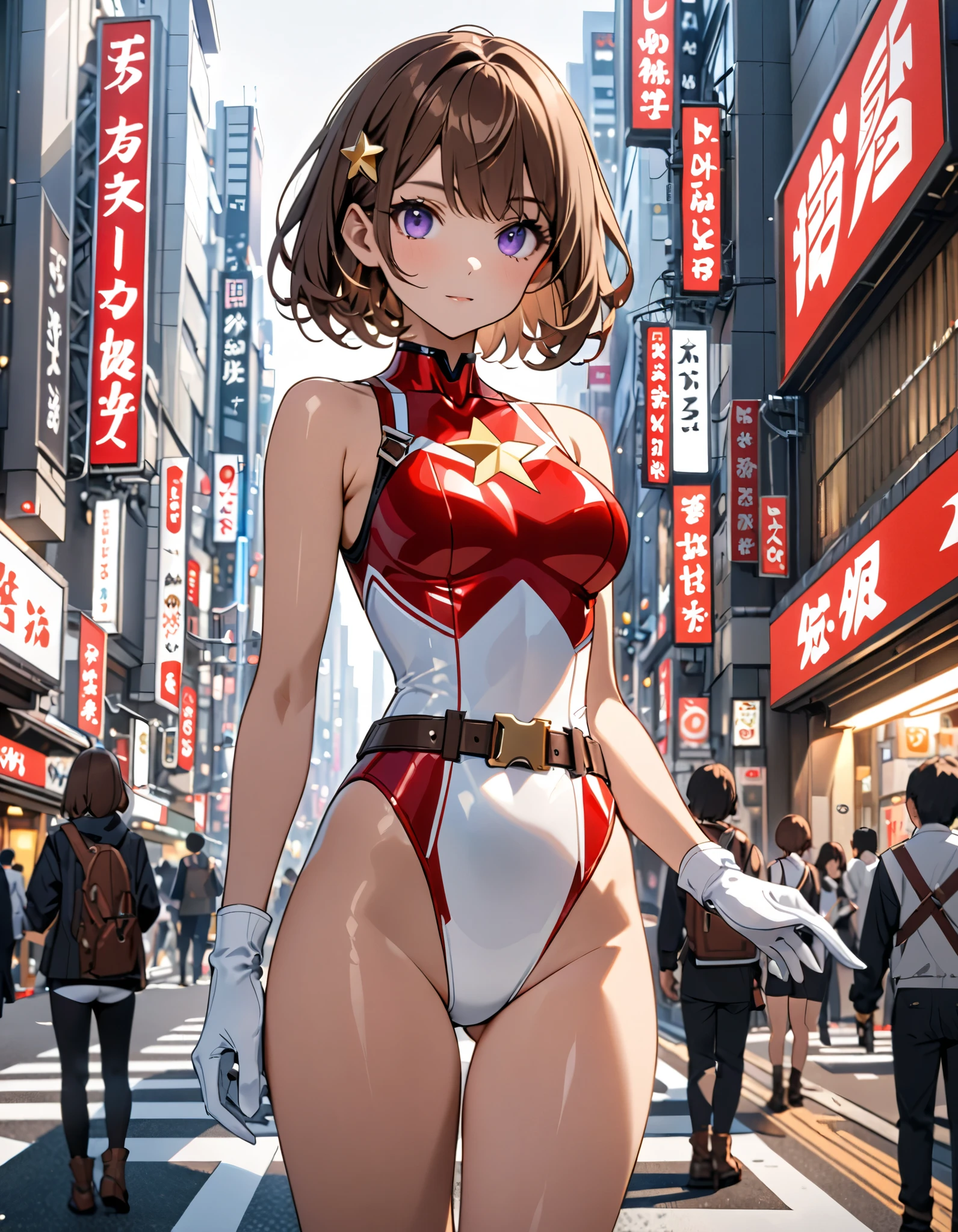 (masterpiece), (best quality), (high res), medium breasts, ((leotard, white and red leotard, matching leotard, sleeveless, bare legs)), ((tight belt, gold belt)), ((boots, matching boots, ankle-high boots, white boots)), ((gloves, white gloves)), city backdrop, tokyo city backdrop, solo, solo focus, standing, (full body), cowboy shot, superhero, ((beautiful detailed eyes)), ((gold star symbol on chest)), (brown hair, medium hair, bob hair, purple eyes), (perfect hands, perfect anatomy), cowboy shot, superhero, ((beautiful detailed eyes)), full body costume design.