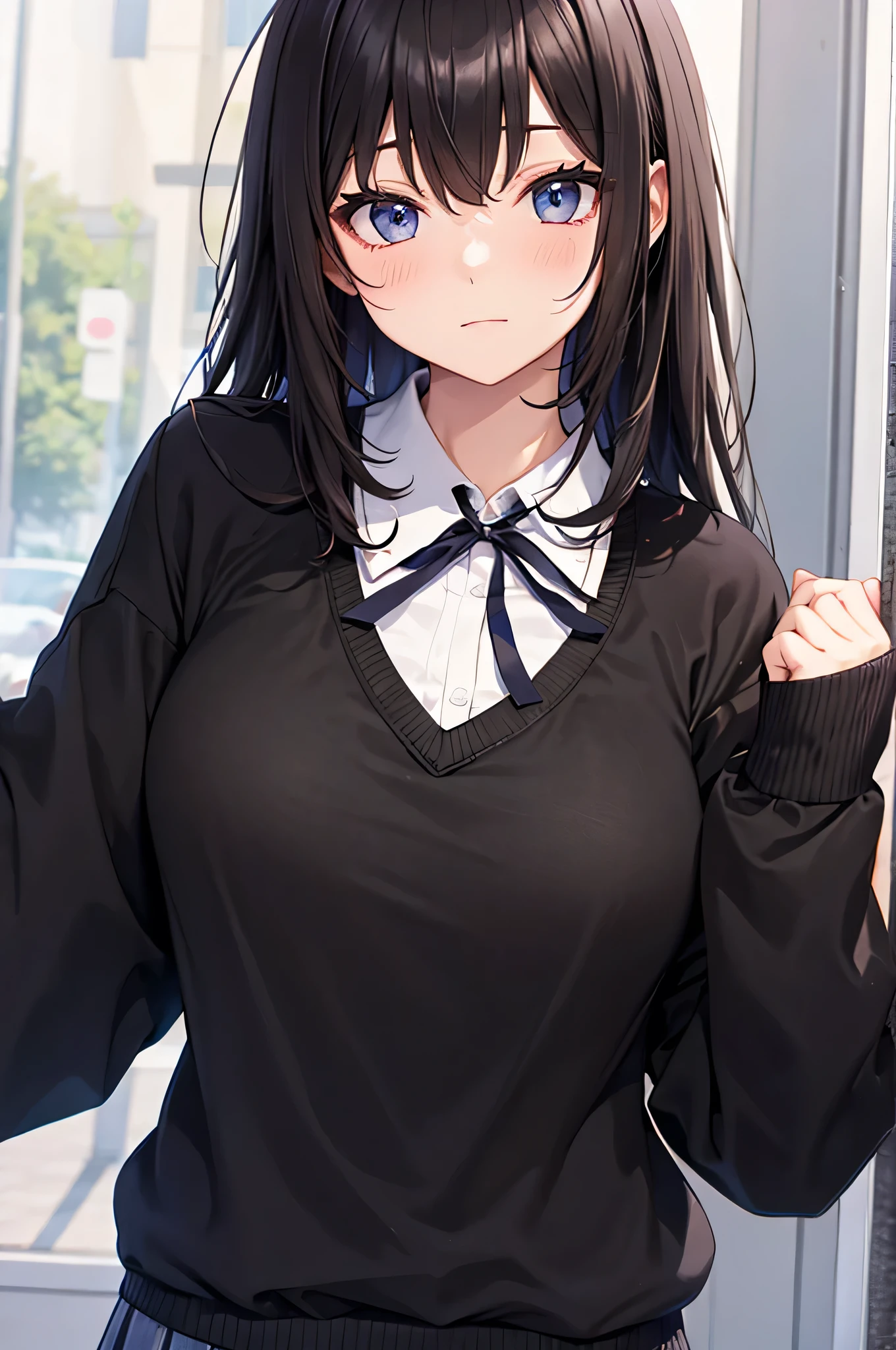 school uniform、 black sweater that has been hit