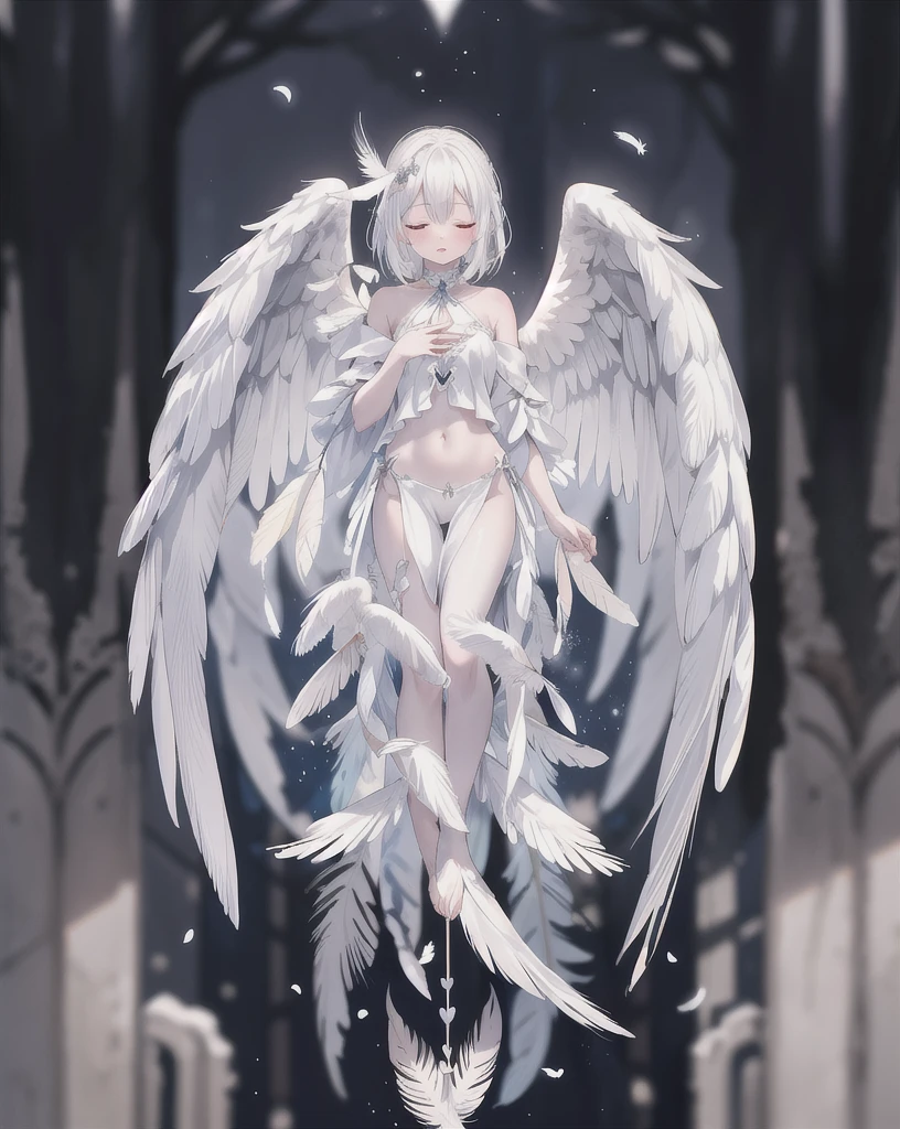 (angel, angel wings, halo, feathered wings, glowing wings, mechanical wings, multiple wings, spread wings, single wings, yellow wings) with a female predominant, with long hair, normal breasts, navel visible, pelvic curtains, white feathers, solo, white wings. topless