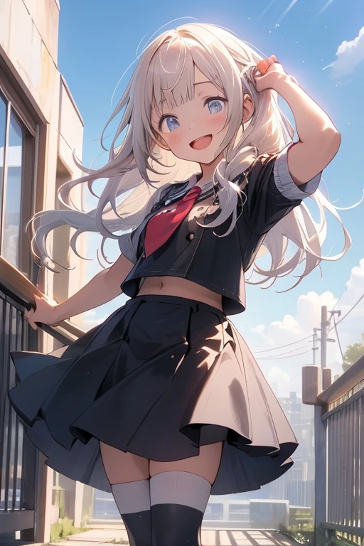 masterpiece, (realistic, photo realistic:1.2), ((highest quality), extremely fine and beautiful, beautiful face details, real human skin, realistic, photorealistic, 1girls, chibi, smile on face, cow-boy shot, Student uniforms, shirt with collar, necktie, Red skirt, huge long breasts, Tiny breasts, emphasis A-cup, White shirt, White underwear, (wind, wind lift, Skirt lifted by the wind, skirt rolled up by the wind, Skirt flutters:1.5), (Fully exposed panties:1.5), (white panties:1.5), (standing a:1.7),
