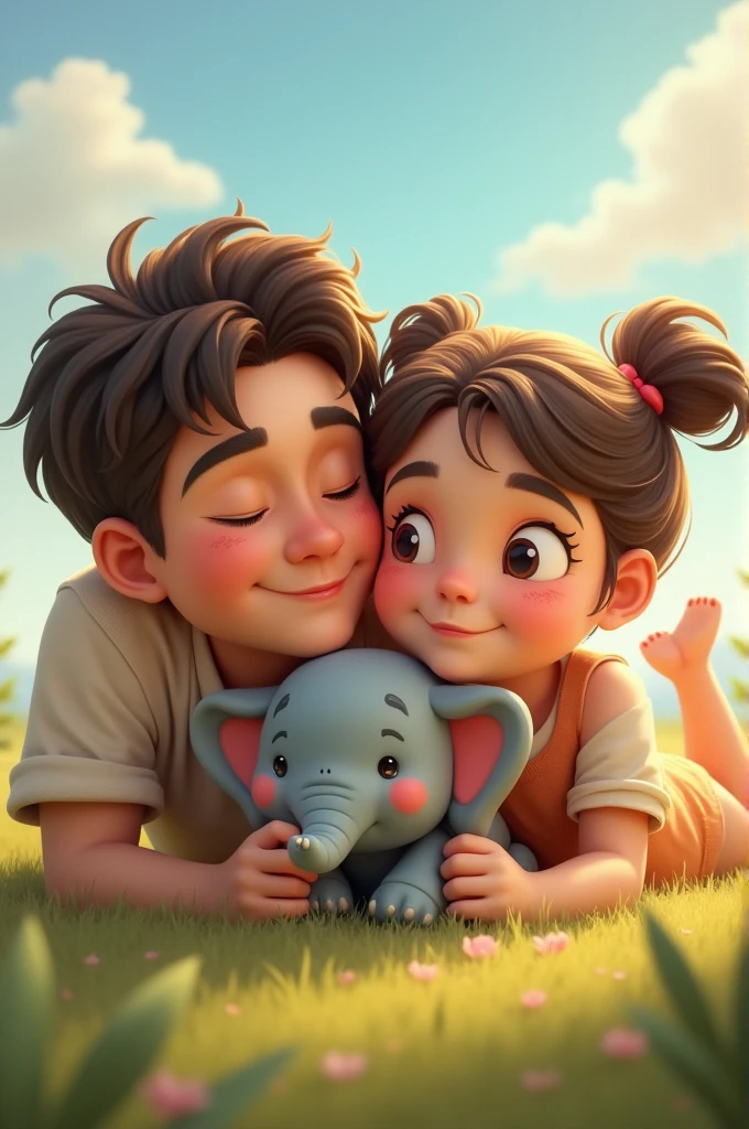 A liitle boy and his mother talking. There ian elephant and a rabbit near them.