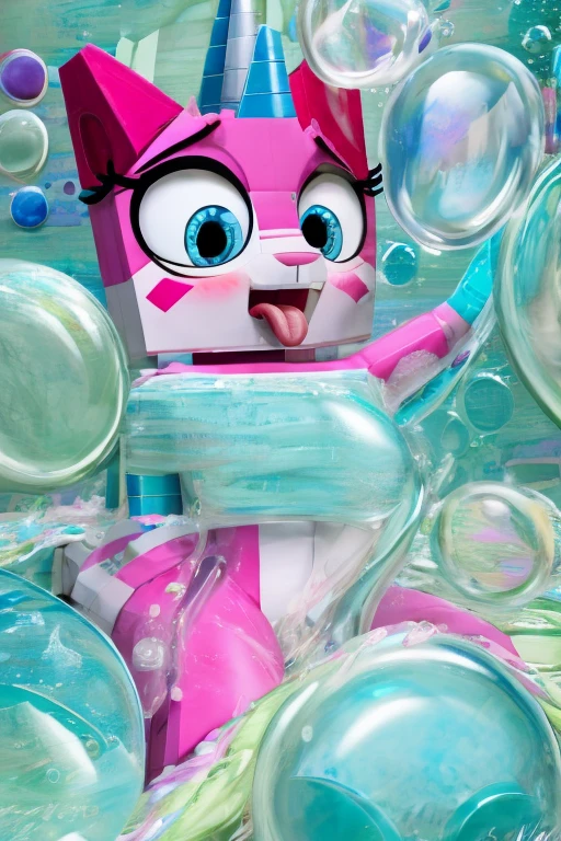 lego unikitty sticking her tongue out extremely blushing in heat feeling the soap bubble crawling up her body and started masturbating herself wanting the bubble to surround her in a bubble prison
