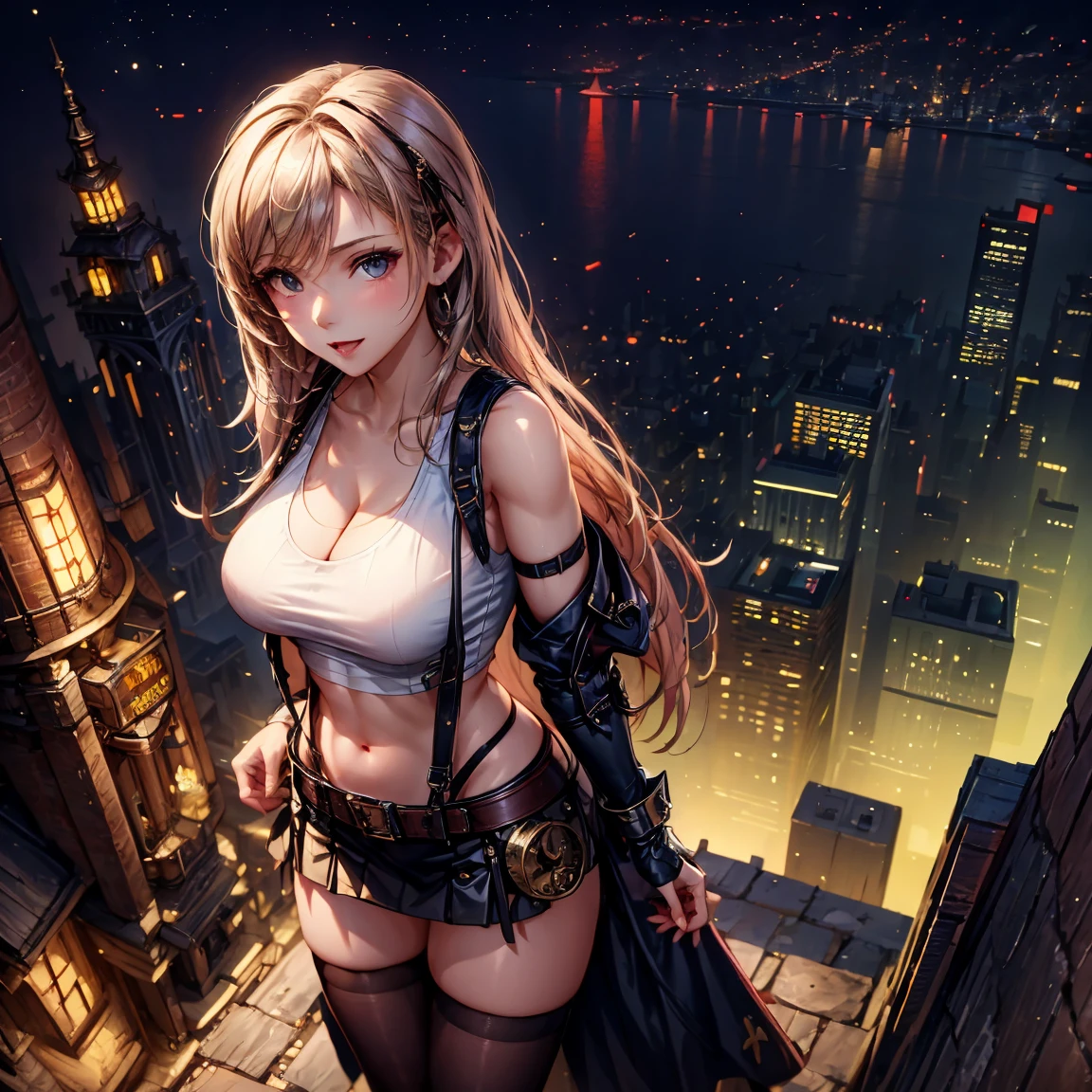 (masterpiece, best quality:1.2), intricate details, 1girl,sky striker ace raye,cityscape ,blue eyes,Blond hair, black headdress.Dark brown tie,sitting on the roof of a building,raining,stars,night,cleavage,narrow bust),(rontal view,(mature female:1.2)