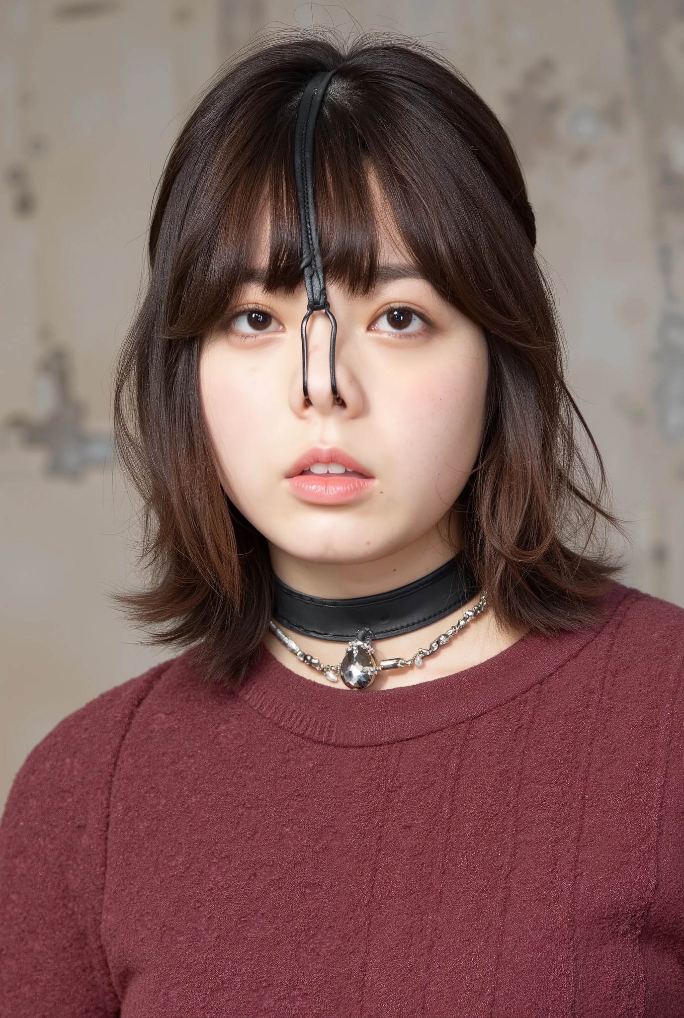 A high resolution photograph of a young Japanese woman, fashion shoot, portrait, face focus, (middle parted bangs, nosehook with strap wrapped around head top, choker with jewelry), embarrassed, sadness, looking up at the camera,