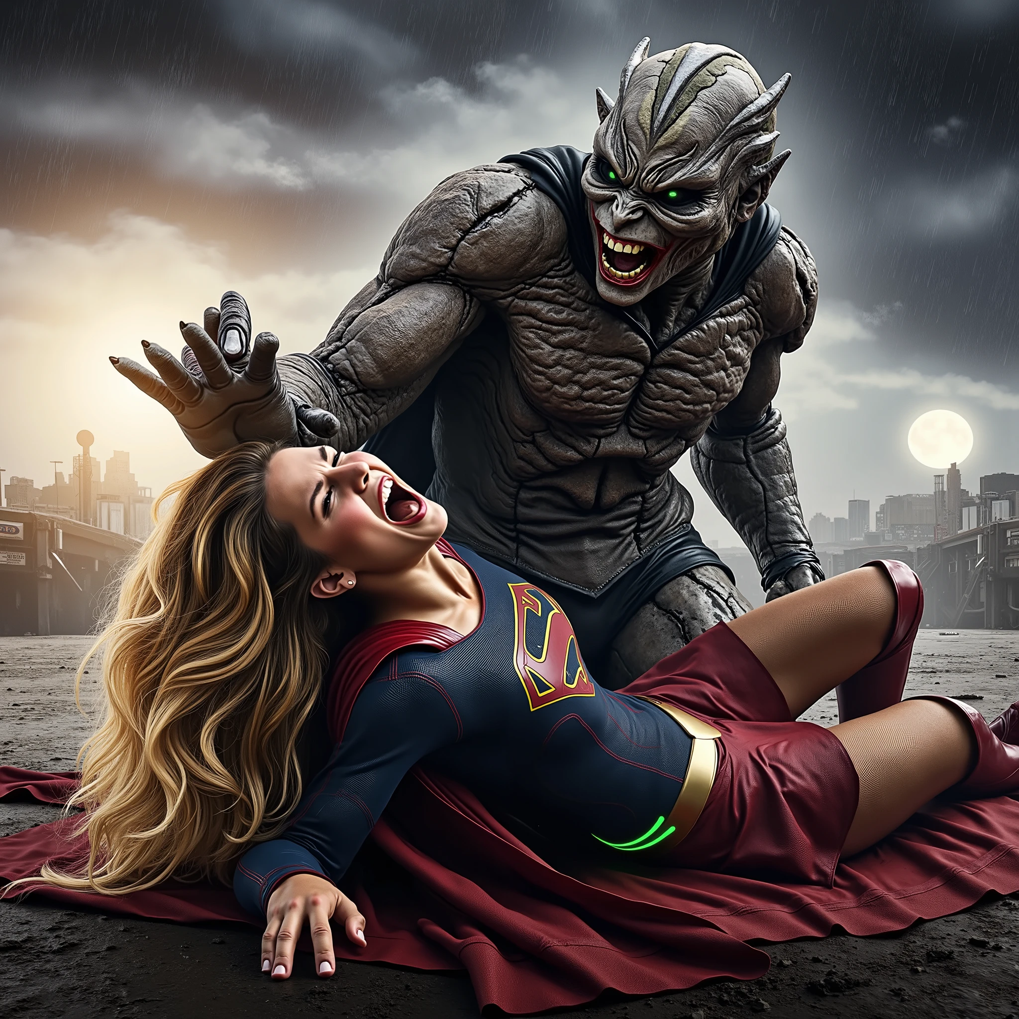 Supergirl is fighting with a big alien monsters, very bright white skin, can see whole body, She is wearing a thin black pantyhose, short red leather fabric skirt, red knee height long boots, blonde hair, lighting green collar on her neck, She is screaming in pain, seriously injured, painful, a huge body fierce Alien Monster hold and carry Supergirl body in his arms, photorealistic, hyper realistic, night time on the Mar with moon lighting,