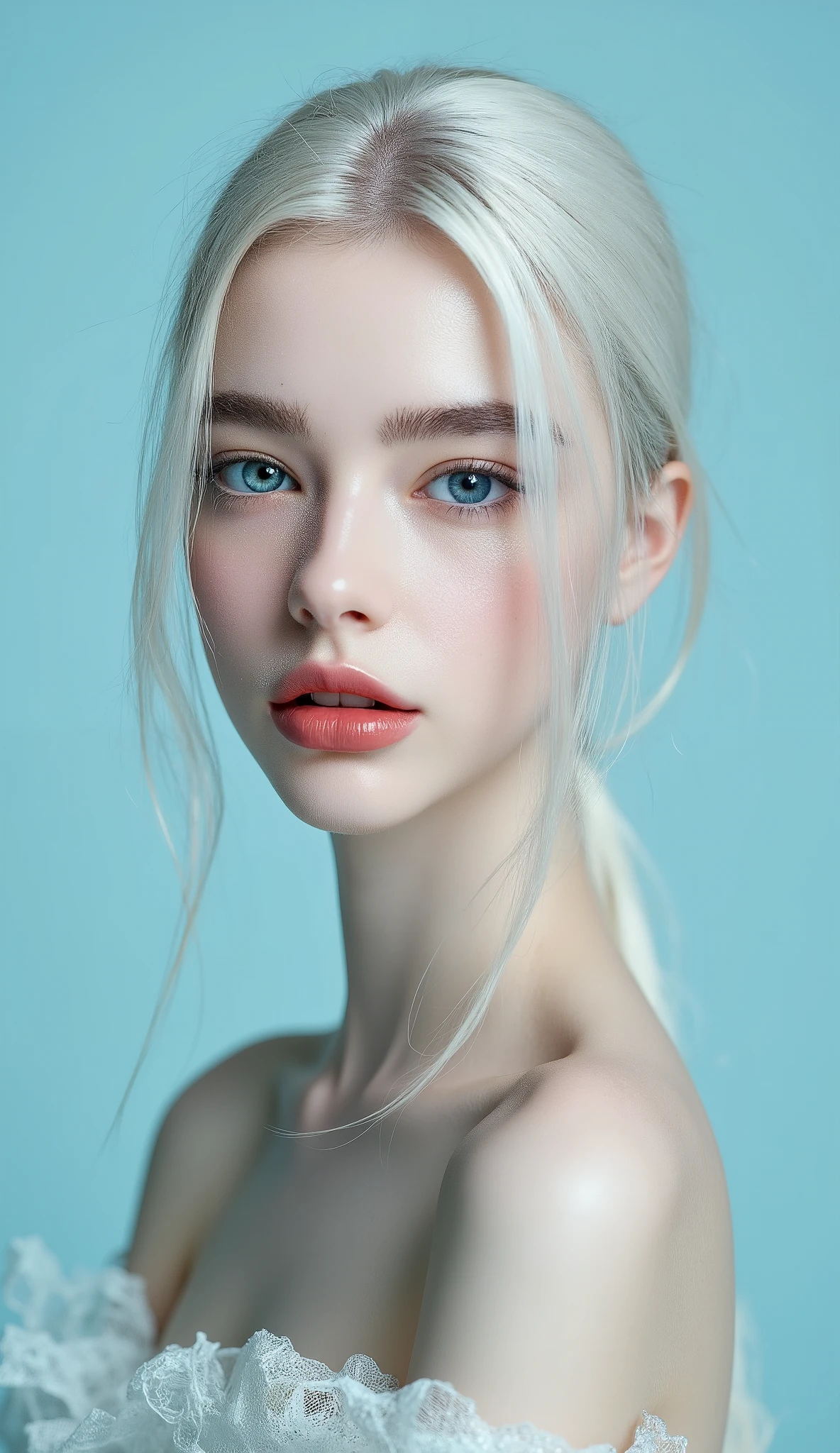 Beautiful albino woman with bright blue eyes, long straigt hair with a ponytail bind up, light turqouse plane background , porcelain skin , Ultra detaild skin, photo ultra-realistic, hyper-detailed , Vogue photo shoot , cinematic, big limps with glossy pink lipstick
