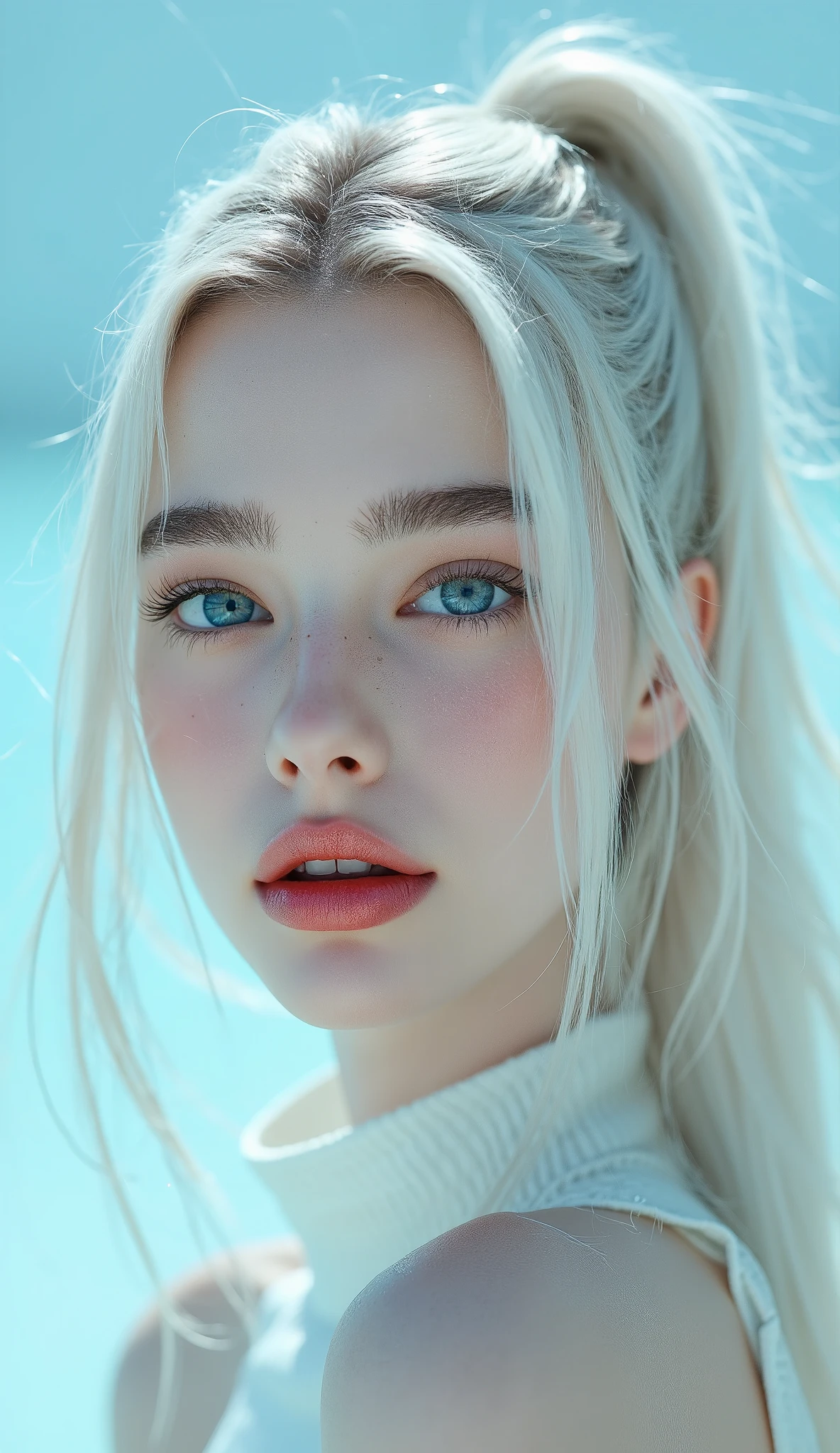 Beautiful albino woman with bright blue eyes, long straigt hair with a ponytail bind up, light turqouse plane background , porcelain skin , Ultra detaild skin, photo ultra-realistic, hyper-detailed , Vogue photo shoot , cinematic, big limps with glossy pink lipstick