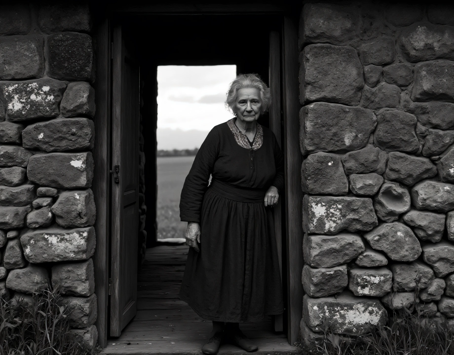 Professional black and white photograph, 80-year-old woman posing in the doorway of a humble stone dwelling, peasant dress, grey hair, serious expression, rustic moss-covered stone building, Eastern Europe, cloudy day, dark composition, vast green field in background, shallow depth of field, dramatic and organic composition, wide angle --ar 16:9 --v 6 --stylize 750