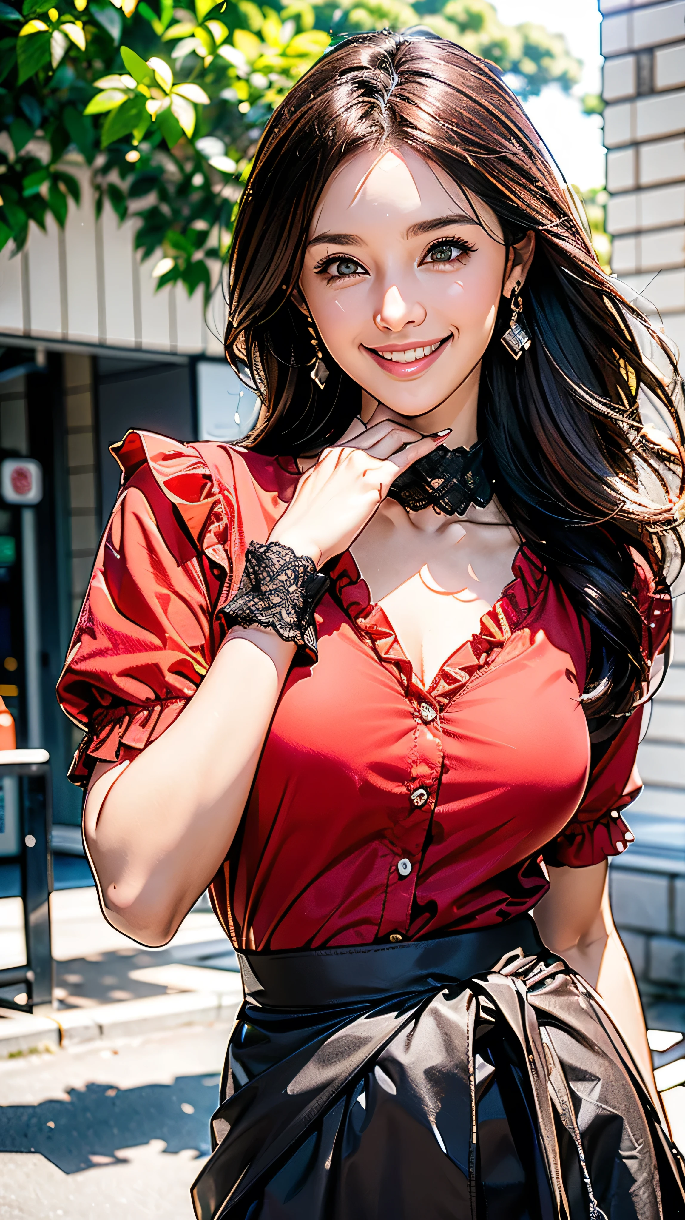 8K, masterpiece, RAW photo, highest quality, realistic, extremely detailed CG unity 8K wallpaper, Depth of bounds written, cinematic light, Lens flare, ray tracing, (very beautiful face, beautiful lips, beautiful eyes), face with intricate details, ((super dense skin)) 1 girl, in the dark, deep shadow, pretty asian girl, Idol, 1 girl, (very slim slender fit-muscled body:1.3), ((looking at the viewer)),(big smile:1.3), (tight lace blouse), ((hot pink color blouse)), (V-neck short sleeve) , (city night, dark night, (blurred background), dim light, cityscape, roof, beautiful earrings, bracelet, necklace, pantyhose, clear eyes, (white skin), (Big eyes), look forward, ((upper body shot)), ((Silk Red Color Skirt)),(brown hair),((Tight-fitting skirt )), (looking at the viewer:1.3), open chest, (very slim), medium breasts, (laced stockings ),((Laced ups and downs)), ((camel toe)), updo hair, short hair