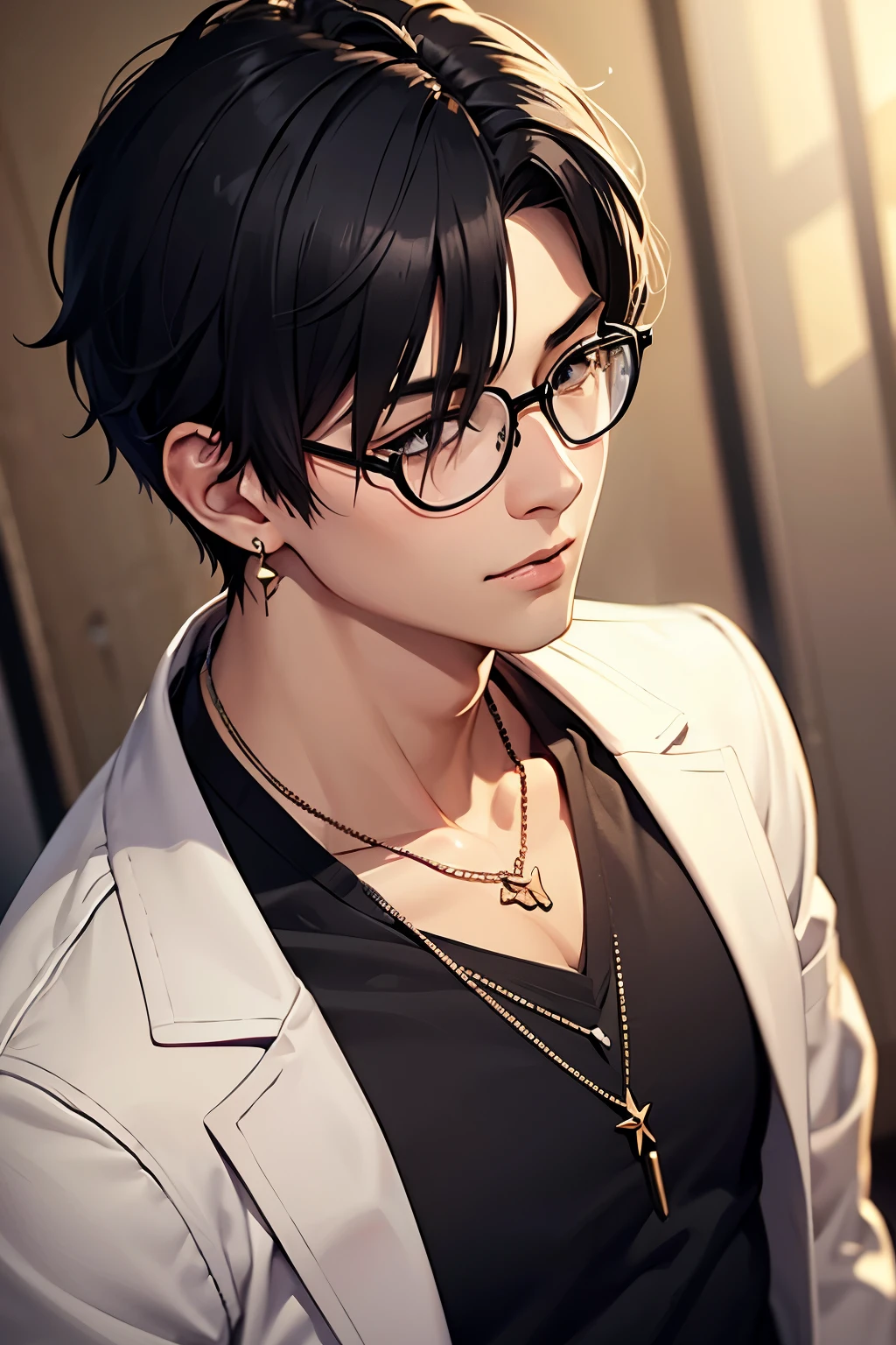  handsome、 black hair、male、Glasses、Earrings、 necklace、Blindfold