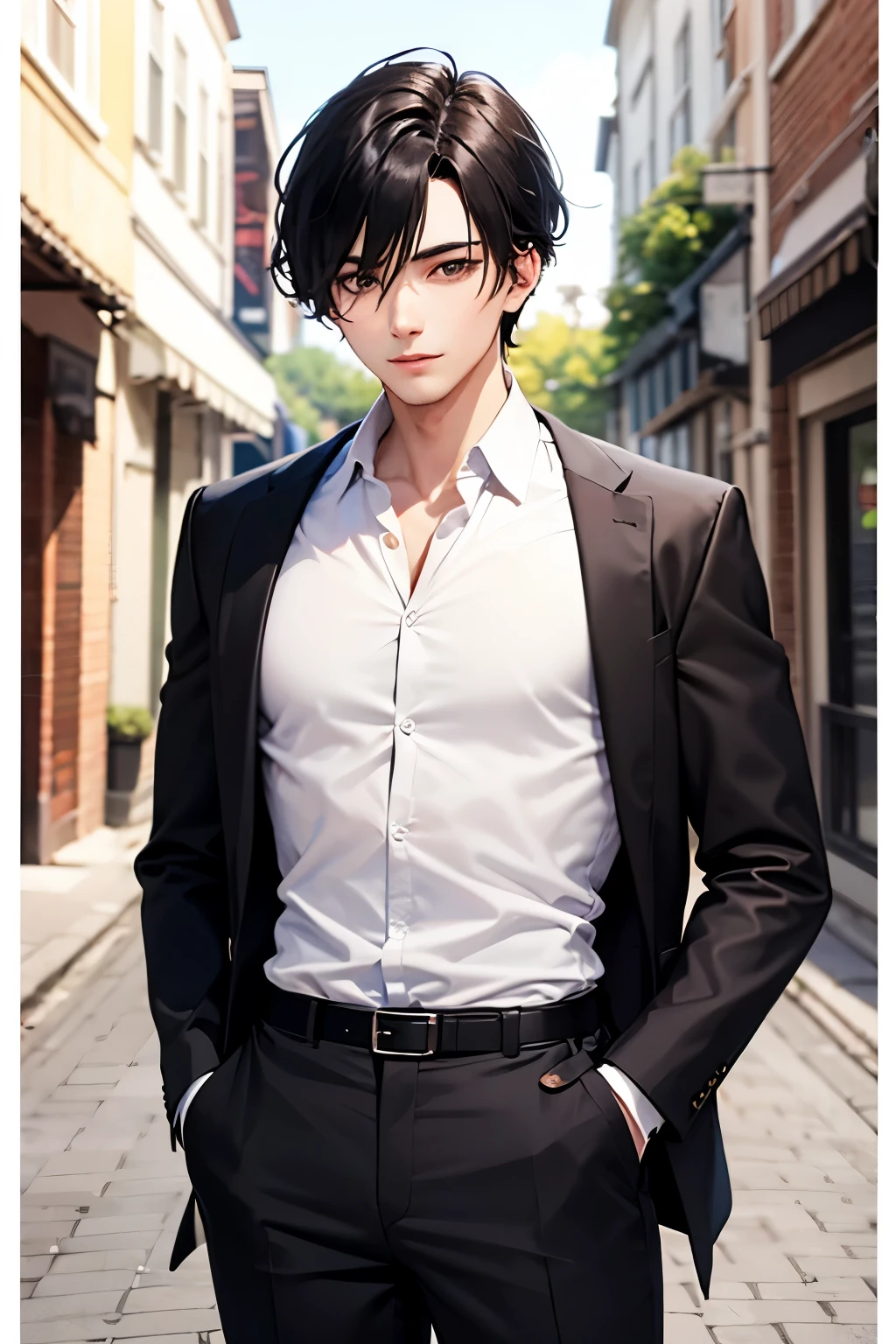 masterpiece, guy, focus guy, black hair, blue eyes, black shirt, pants, standing,