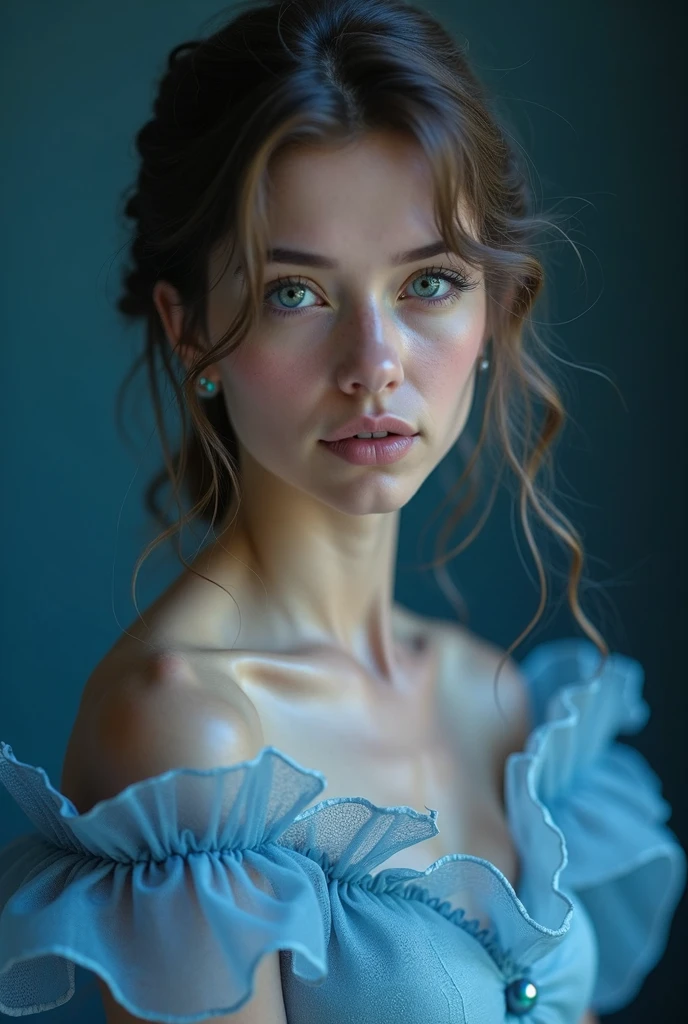 a very cute readhead danish woman with messy long hair, sitting in the dark bedroom, beautiful eyes, unique face, natural skin, candid poses, wearing a transparent soft blue lace dress, crying expression, sad memont, tears on cheeks, detailed face and eyes, perfect object, illuminated light from window, cinematic, analog film photo color, ultra realistic pohotography, very wide mid shot view, Aesthetic atmosphere, dramatic, rays shadow, Sigma 24mm f1.8 lens, 8k, highly 128k resolution, ultra highly detailed, Ultra hd, depth of field, dynamic poses