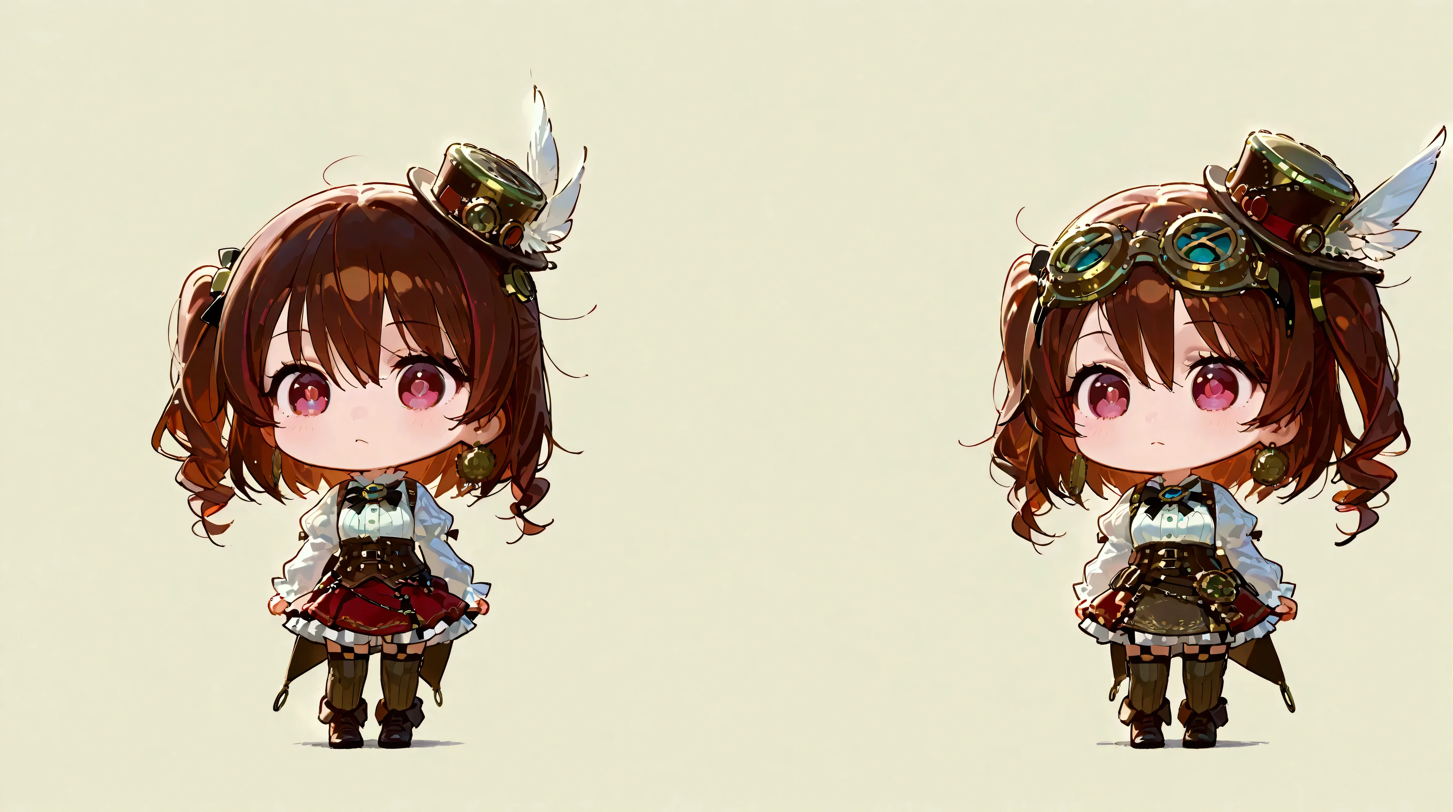 The photo is ( nice) girl. her eyes are clear , complements her graceful appearance, steampunk, Her outfit is, Big Head, nice girl , LOL, ((( chibi)), whole body , full length, upright,