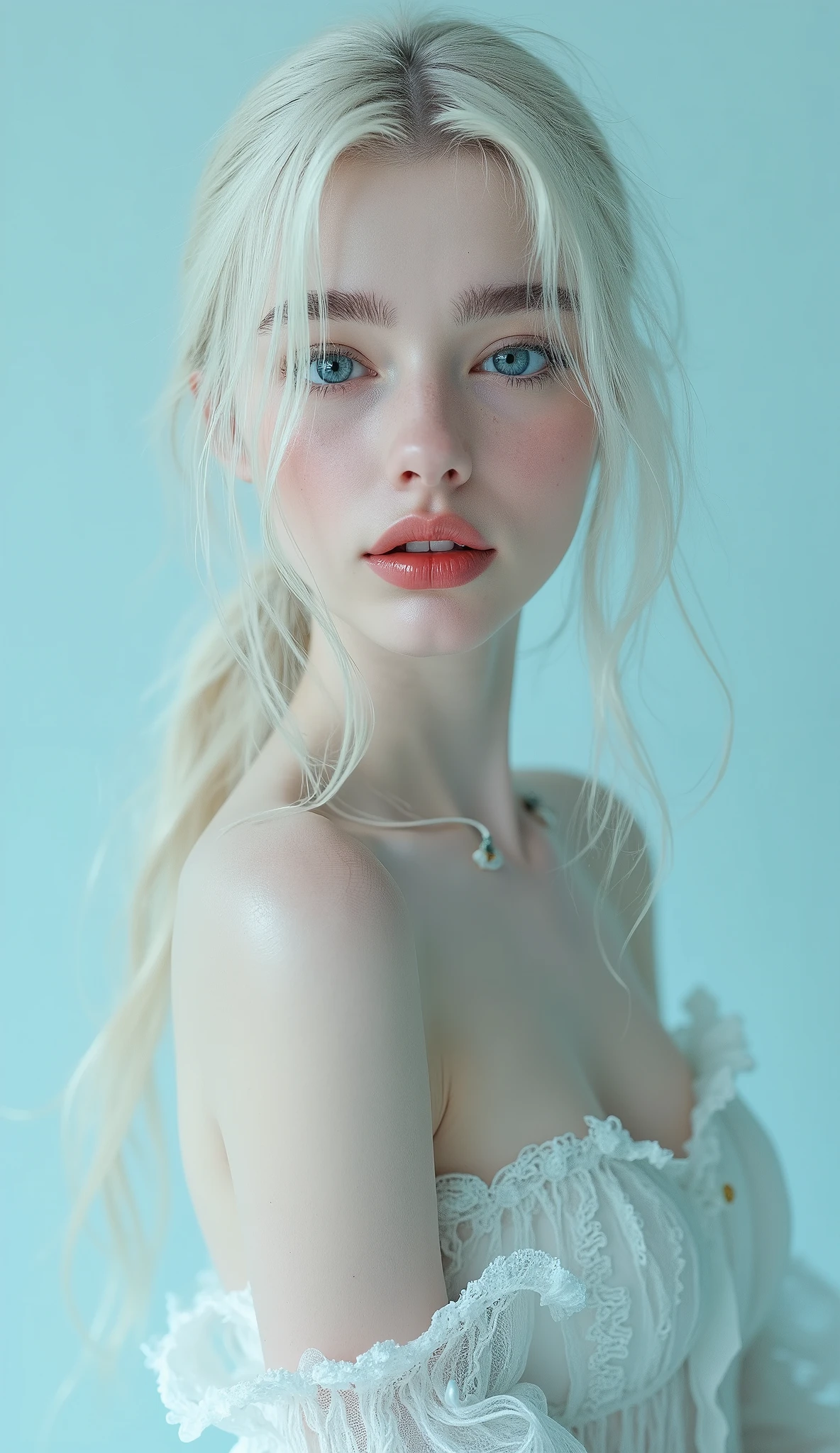 Beautiful albino woman with bright blue eyes, long straigt hair with a ponytail bind up, light turqouse plane background , porcelain skin , Ultra detaild skin, photo ultra-realistic, hyper-detailed , Vogue photo shoot , cinematic, big limps with glossy pink lipstick