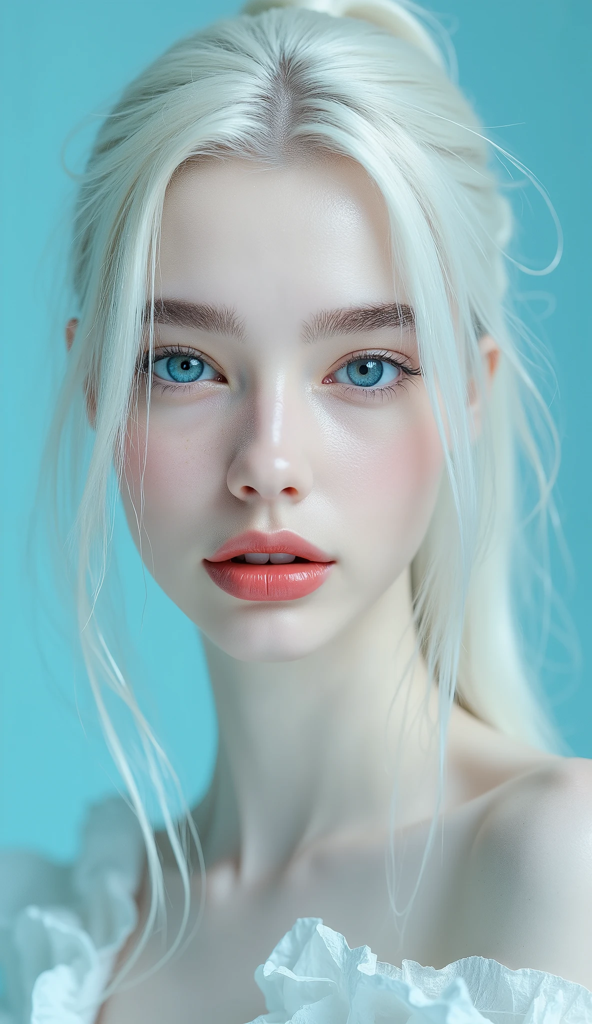 Beautiful albino woman with bright blue eyes, long straigt hair with a ponytail bind up, light turqouse plane background , porcelain skin , Ultra detaild skin, photo ultra-realistic, hyper-detailed , Vogue photo shoot , cinematic, big limps with glossy pink lipstick