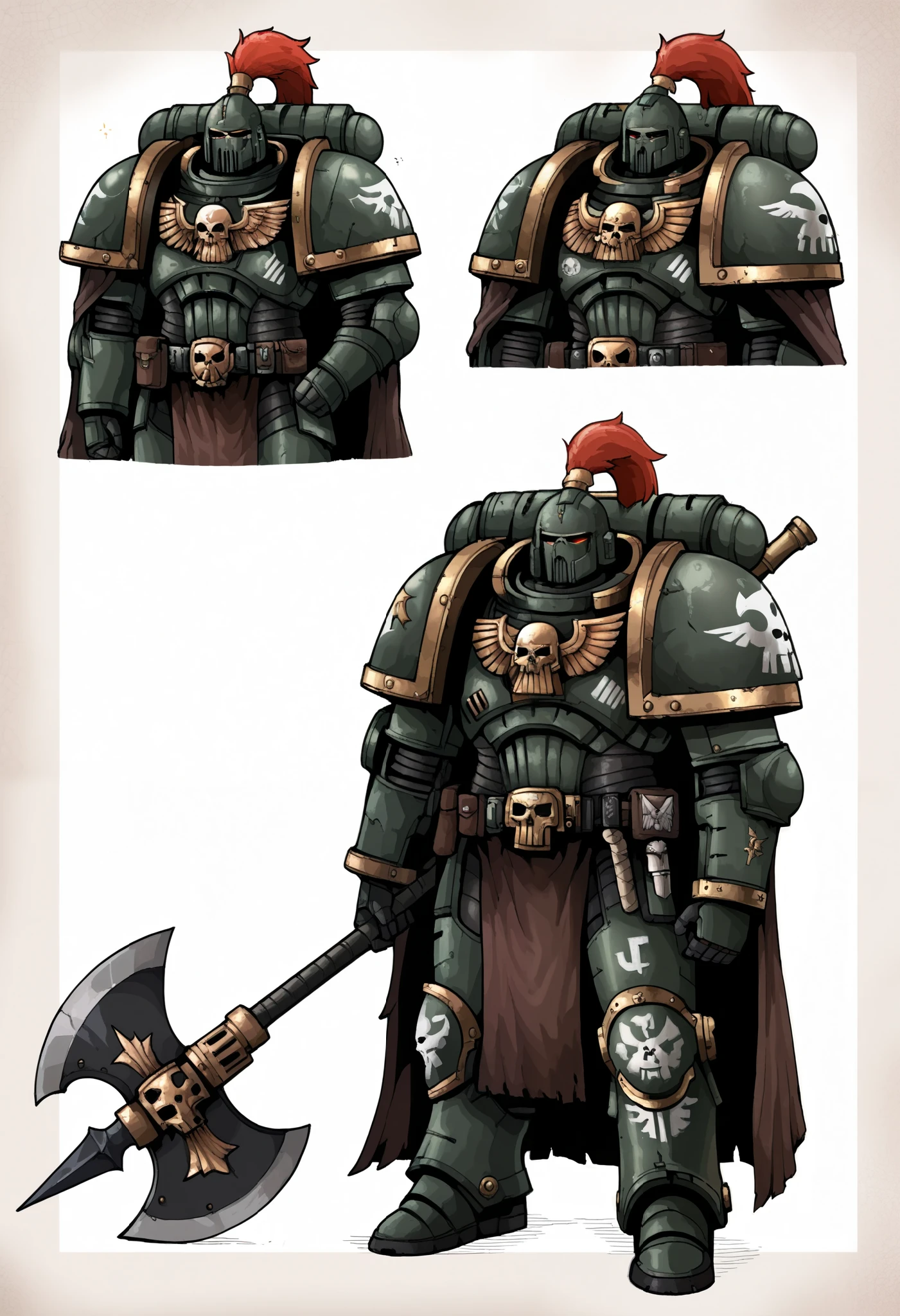 Anime, Concept art, Absurd resolution, high resolution, (masterpiece: 1.4), hyper-detail, warhammer 40k terminator armor, Juggernaut armor, heavy armor, knight, full body, glowing weapon, cloak, armor, trimmings, edgy, grimdark, octosoup, 1man, bulky, buff, plume, loin cloth, crusader helmet, reference sheet, iron halo, DarkA40k, full shot, Holding_Halberd_V1, Dark green power armor, Solo,