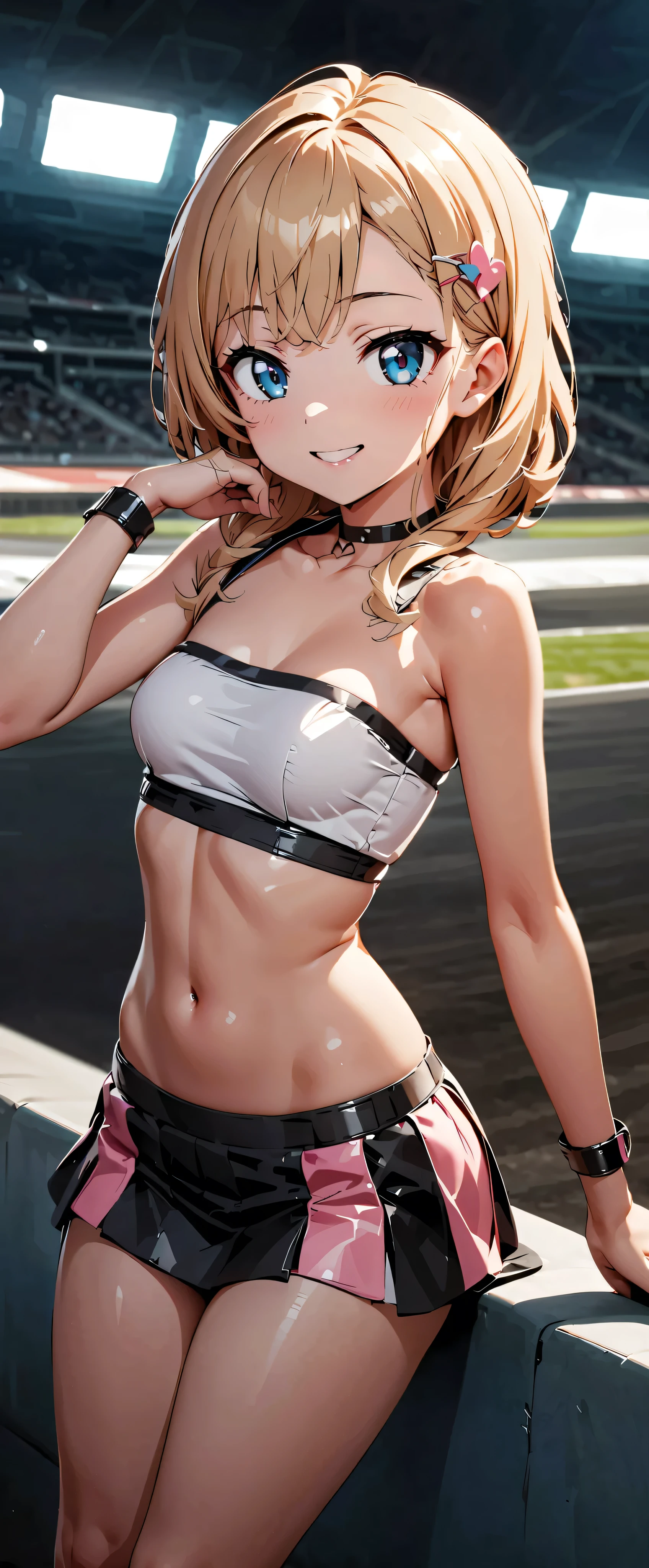 best quality , ultra high definition, One person, little chest, black choker, smile, exposes shoulders, focus only , Audience ,Fair skin,Car racing track, photon mapping, physically-based rendering, RAW photos , very detailed background , K-pop Idol , depth of field, hair ornament, detailed face, glowing skin, game cg,whole body, shiny micro tight miniskirt,shiny micro tube top, race queen, Sexy Poses,holding a flag,Gloss Lip