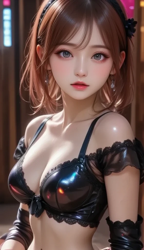 (masterpiece, best quality), 1girl,  Burgundy Side Swept Bangs, Size E breasts,  <lora:attire_catlingerie:1> catlingerie, choker, neck bell