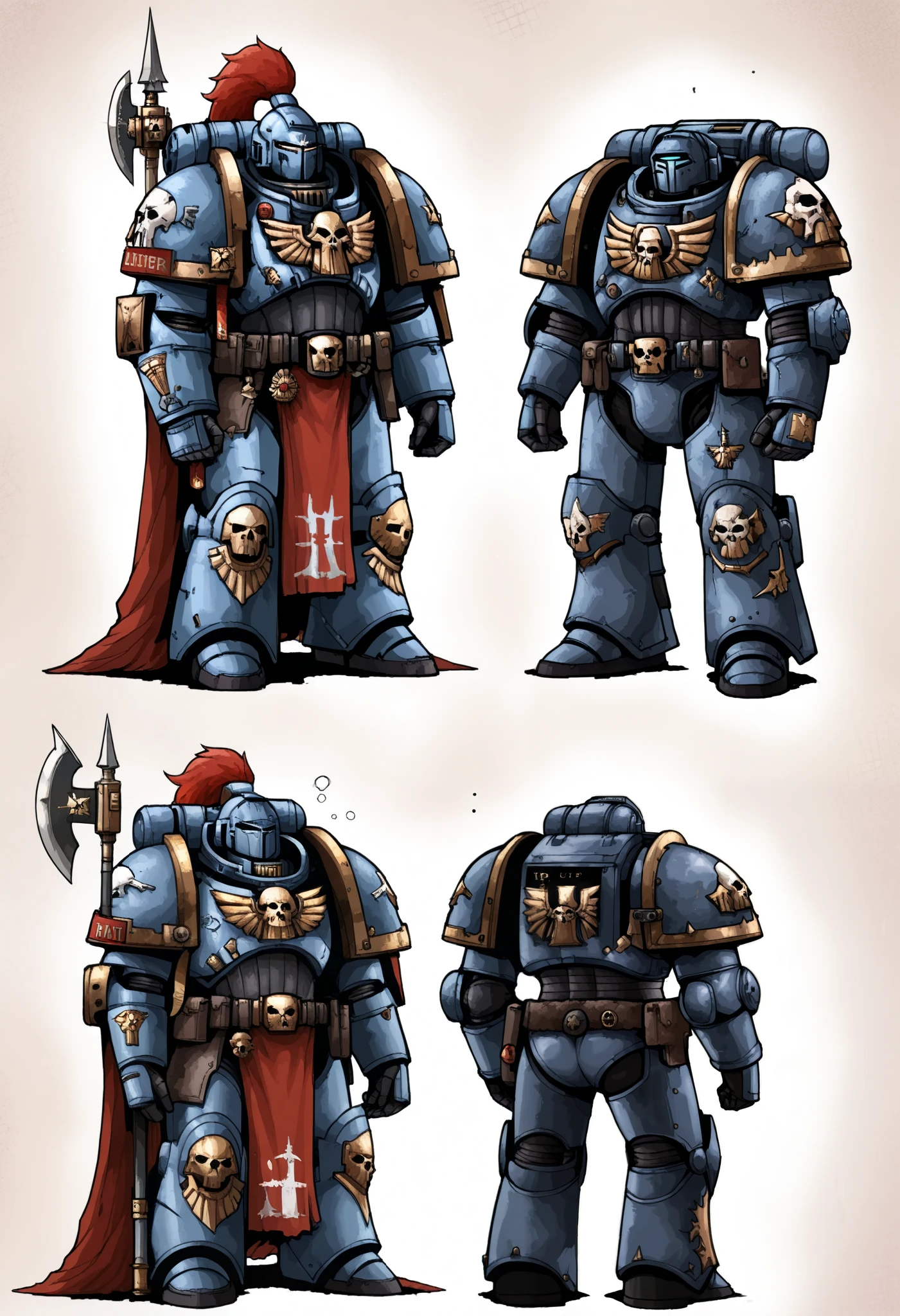 Anime, Concept art, Absurd resolution, high resolution, (masterpiece: 1.4), hyper-detail, warhammer 40k terminator armor, Juggernaut armor, heavy armor, knight, full body, glowing weapon, cloak, armor, trimmings, edgy, grimdark, octosoup, 1man, bulky, buff, plume, loin cloth, crusader helmet, reference sheet, iron halo, GreyK40k, full shot, Holding_Halberd_V1, power armor, Solo,