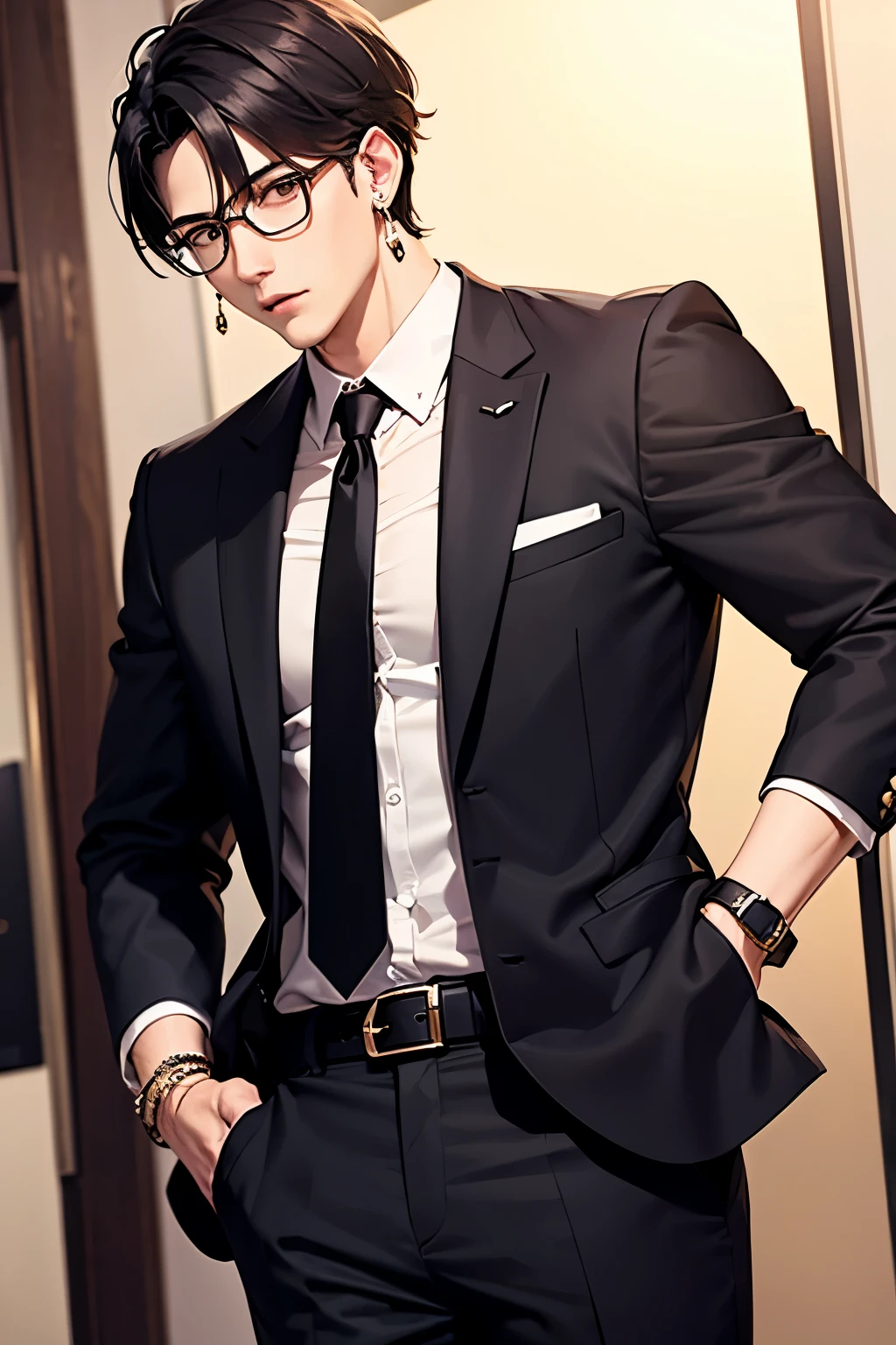  handsome、 black hair、male、Glasses、Earrings、 necklace、 muscles、Strict、 suit、Living Style