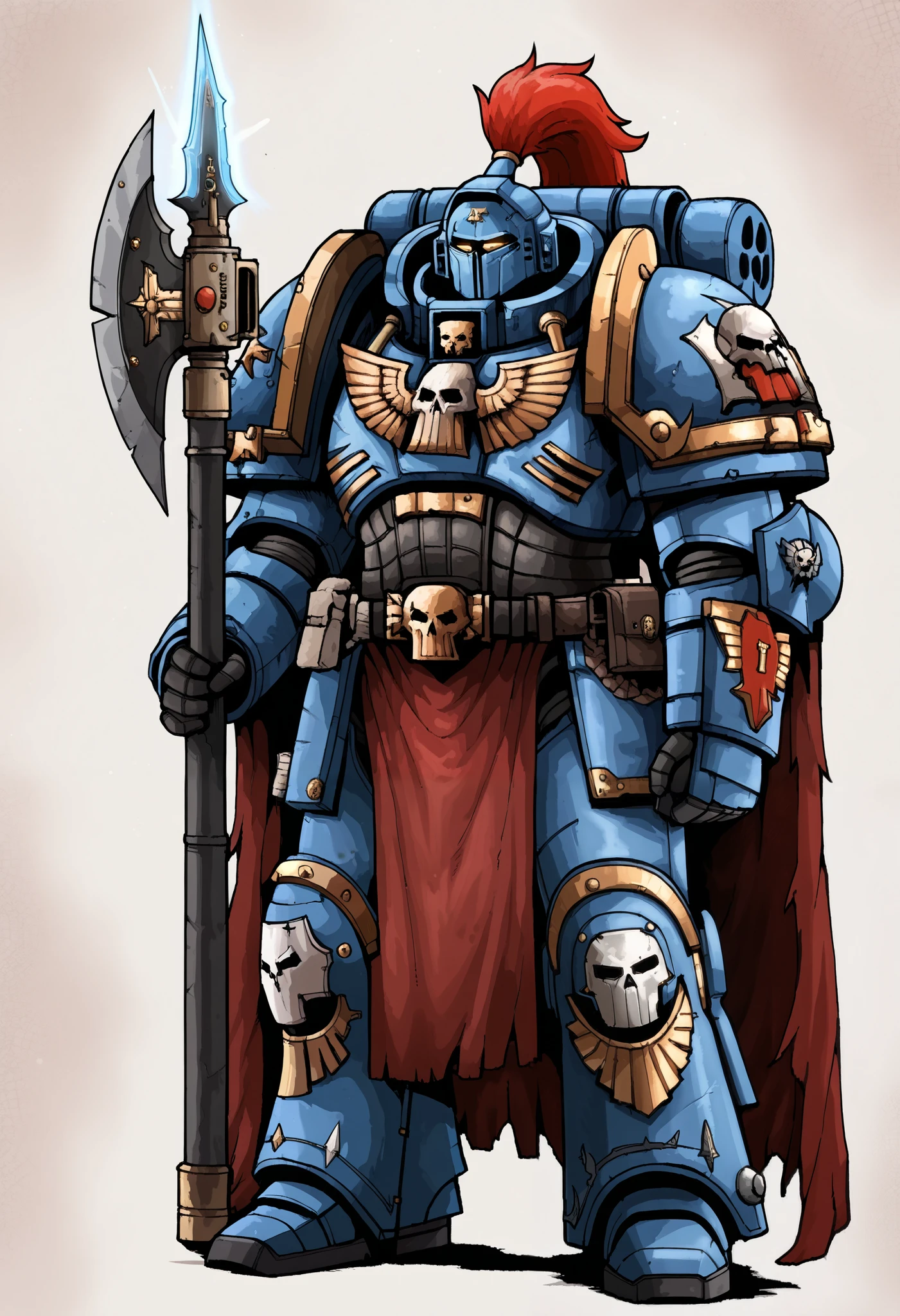 Anime, Concept art, Absurd resolution, high resolution, (masterpiece: 1.4), hyper-detail, warhammer 40k terminator armor, Juggernaut armor, heavy armor, knight, full body, glowing weapon, cloak, armor, trimmings, edgy, grimdark, octosoup, 1man, bulky, buff, plume, loin cloth, crusader helmet, reference sheet, iron halo, GreyK40k, full shot, Holding_Halberd_V1, power armor, Solo,