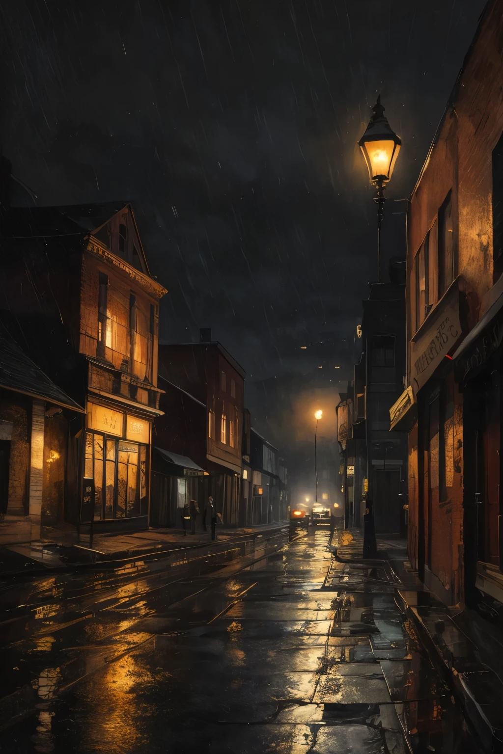 Gustavdor painting style,Detective wears(wind coat:1.1)And realistic illustration of hat,At night in the city of Victorian London,epic lighting,cinmatic lighting,A high resolution,(detailled image:1),insanely details,(highly detailed:1.2),Mafia in the 1920s, windbreaker and top hat, realistic oil painting style, printmaking style, heavy fog and rainstorm, dilapidated town, street lights, narrow roads, stretching forward, suffocating, horror style, suspense style, detective novel style, Mafia style, mysterious, deep, dark, fantasy