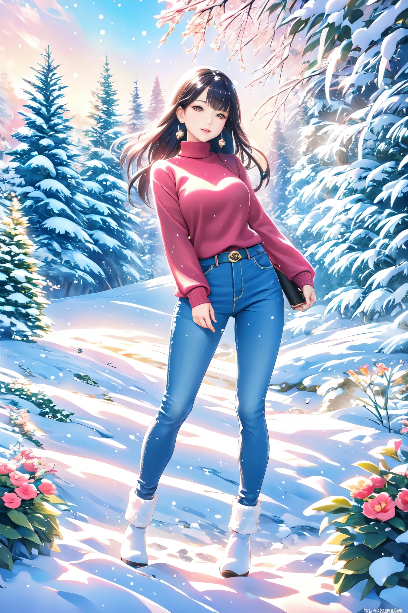 Beautiful Sumi Painting 、 Young Japanese Woman 、 beautiful faces,Healthy body shape、 beautiful brown eyes、 pink lips、 earrings、Black Hair、 Long Sleeve Red Sweater Turtleneck、blue winter clothes 、Blue jeans、 red boots 、large pine tree、Footprints of walking、masterpiece、 best quality、 HD、 illustration art、