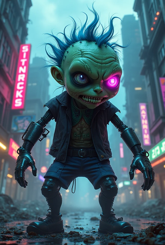 best quality, masterpiece, 3d, Pixar Artwork, Electronic variants, (Cartoon zombie with big glasses in the factory:1.5),in a dynamic dancing pose within a colorful virtual reality world teeming with neon lights and vibrant holograms, The scene bears the influences of both pop art and graffiti, a truly cyberpunk-inspired ensemble with explosive energy, created using digital painting methods and radiant, glowing effects