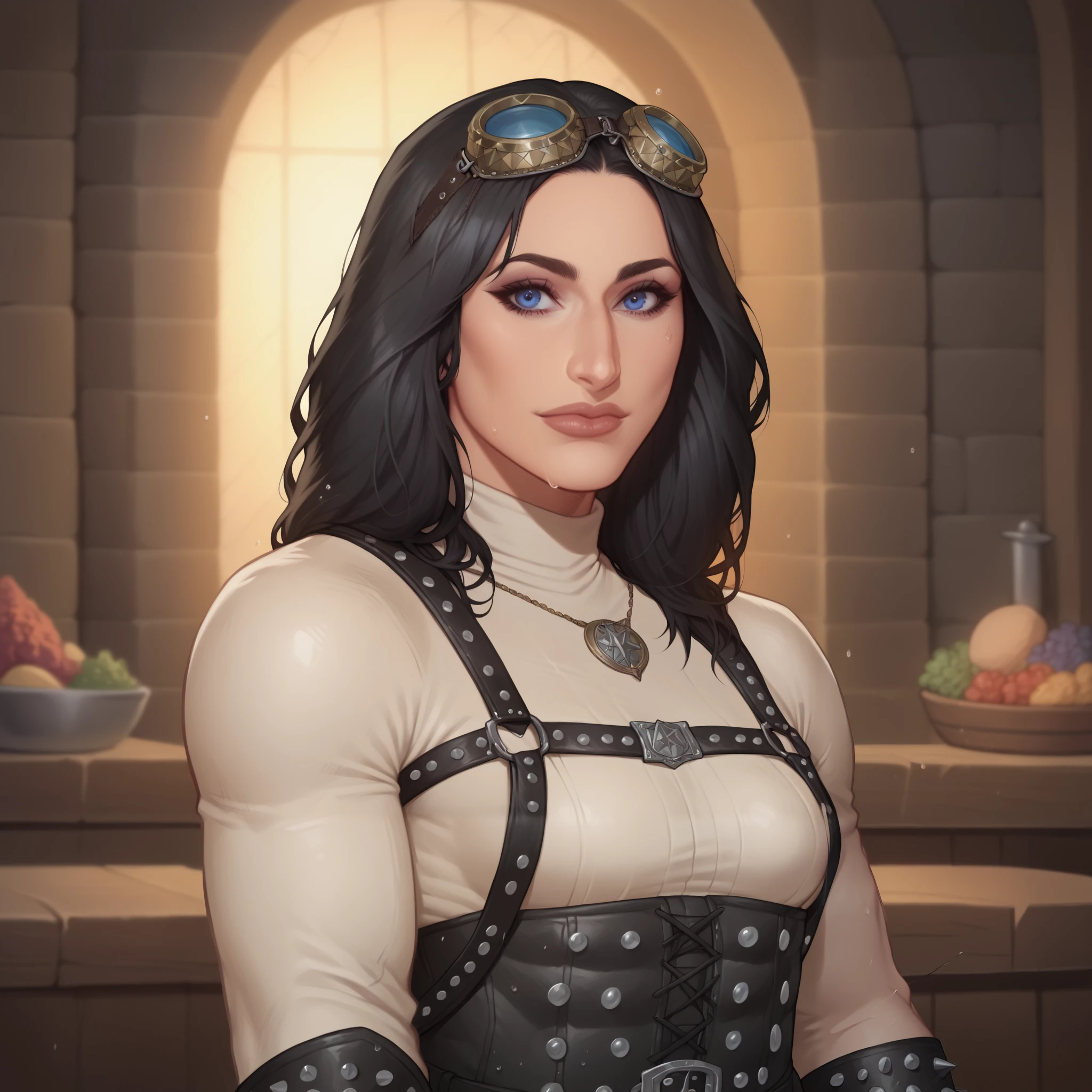 (((beautiful, high quality, comics style, detailed face))), score_9, score_8_up, score_7_up, BREAK, portrait, solo, WWE's Rhea Ripley:1.1, blue eyes, black hair, short choppy hair, uneven bangs, leather shoulder pauldron, worn leather harness, (goggles on her head), buff, beefy, thicc, broad waist, studded worn leather bracers, small breast, covered in soot, streaks of ash on her face, sultry look, in the rain, dark tavern, fantasy, blurred background, zPDXL3, detailxl, DeepNegative_xl_v1