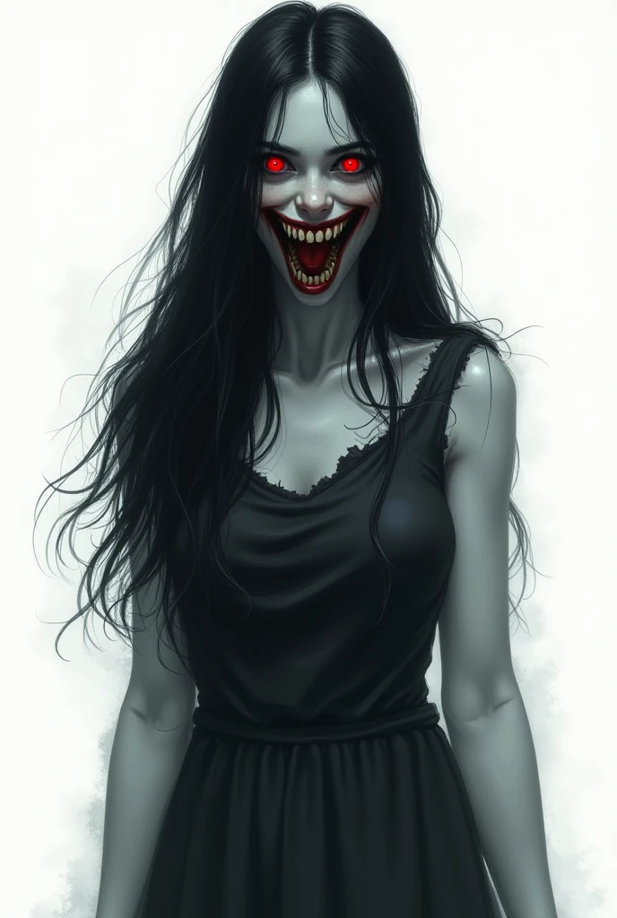 A very white woman with tiny eyes and a scary smiling mouth