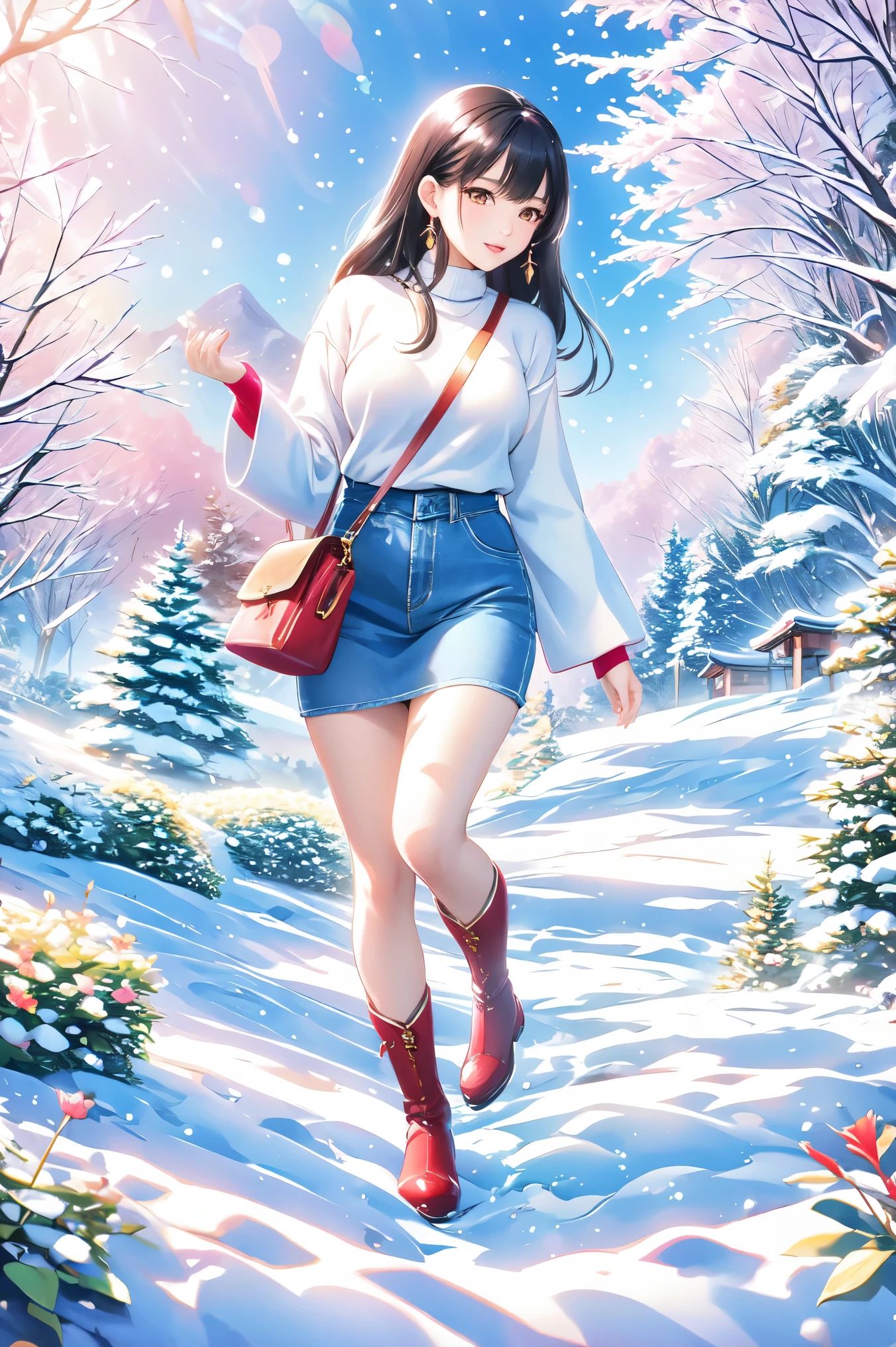 Beautiful Sumi Painting 、 Young Japanese Woman 、 beautiful faces,Healthy body shape、 beautiful brown eyes、 pink lips、 earrings、Black Hair、 Long Sleeve Red Sweater Turtleneck、blue winter clothes 、Blue jeans、 red boots 、large pine tree、Footprints of walking、masterpiece、 best quality、 HD、 illustration art、