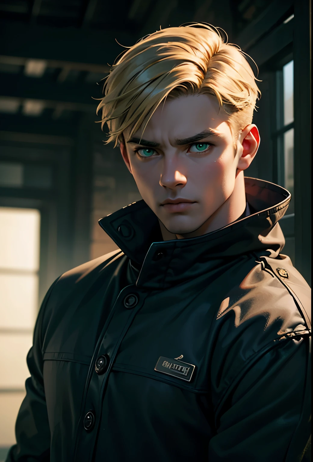 Masterpiece, Best Quality, Ultra-Detailed, 1man, solo, adult man, a mature male with pale skin, shredded body, square face, blonde hair, short hair, undercut hair, green eyes, wearing a closed black overcoat and wrist watch, (best quality,4k,8k,highres,masterpiece:1.2),ultra-detailed,(realistic,photorealistic,photo-realistic:1.37),solo,portrait,dramatic lighting,cinematic,dramatic pose,serious expression,sharp focus,high contrast,moody,atmospheric