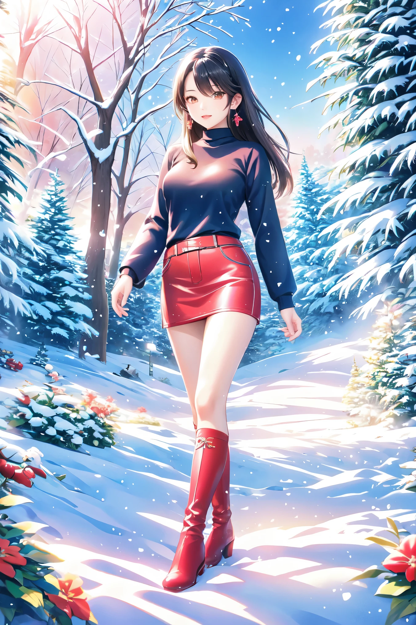 Beautiful Sumi Painting 、 Young Japanese Woman 、 beautiful faces,Healthy body shape、 beautiful brown eyes、 pink lips、 earrings、Black Hair、 Long Sleeve Red Sweater Turtleneck、blue winter clothes 、Blue jeans、 red boots 、large pine tree、Footprints of walking、masterpiece、 best quality、 HD、 illustration art、