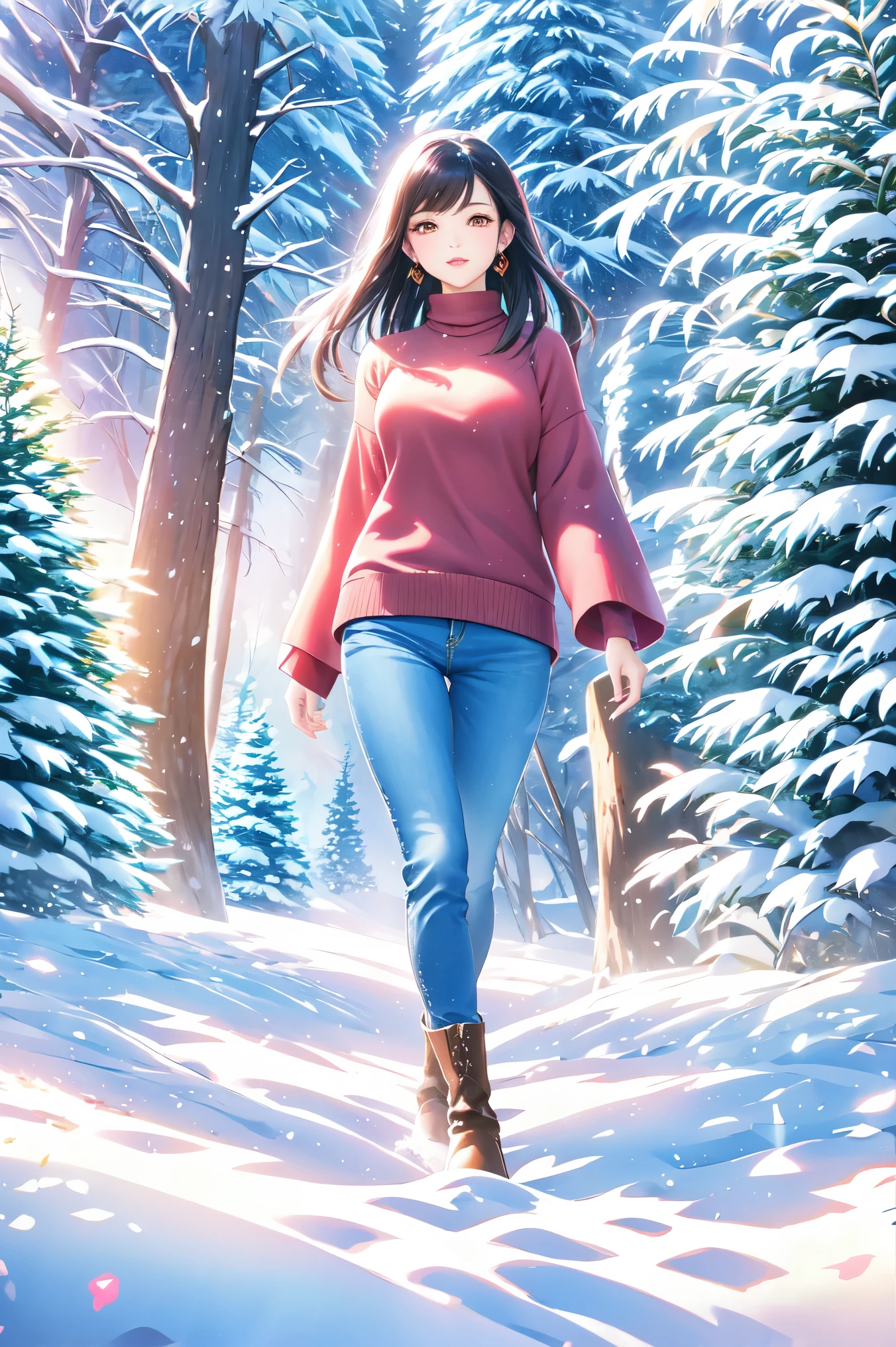 Beautiful Sumi Painting 、 Young Japanese Woman 、 beautiful faces,Healthy body shape、 beautiful brown eyes、 pink lips、 earrings、Black Hair、 Long Sleeve Red Sweater Turtleneck、blue winter clothes 、Blue jeans、 red boots 、large pine tree、Footprints of walking、masterpiece、 best quality、 HD、 illustration art、