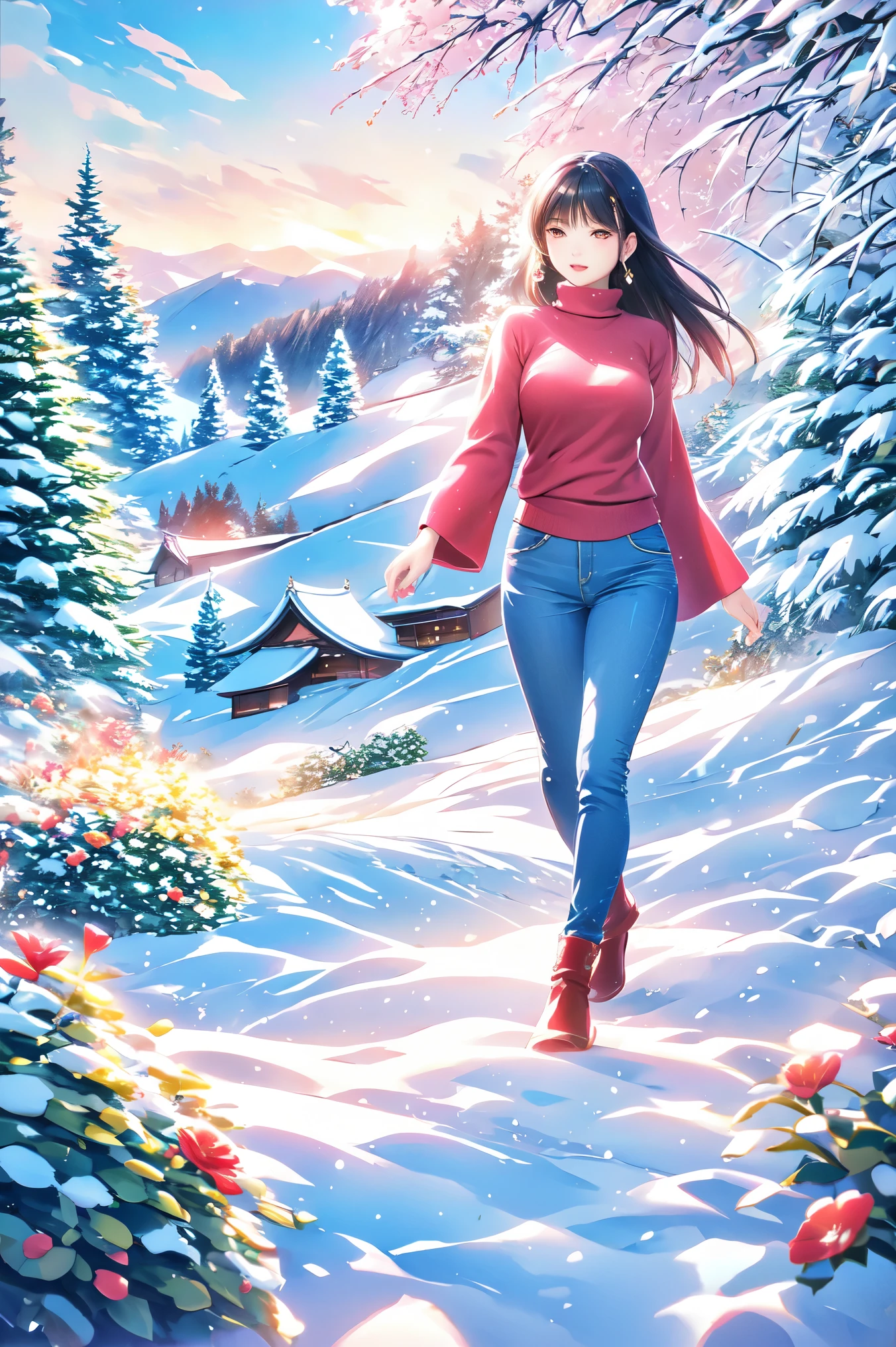 Beautiful Sumi Painting 、 Young Japanese Woman 、 beautiful faces,Healthy body shape、 beautiful brown eyes 、 pink lips、 earrings、Black Hair、 Long Sleeve Red Sweater Turtleneck、blue winter clothes 、Blue jeans、 red boots 、large pine tree、masterpiece、 best quality、 HD、 illustration art、