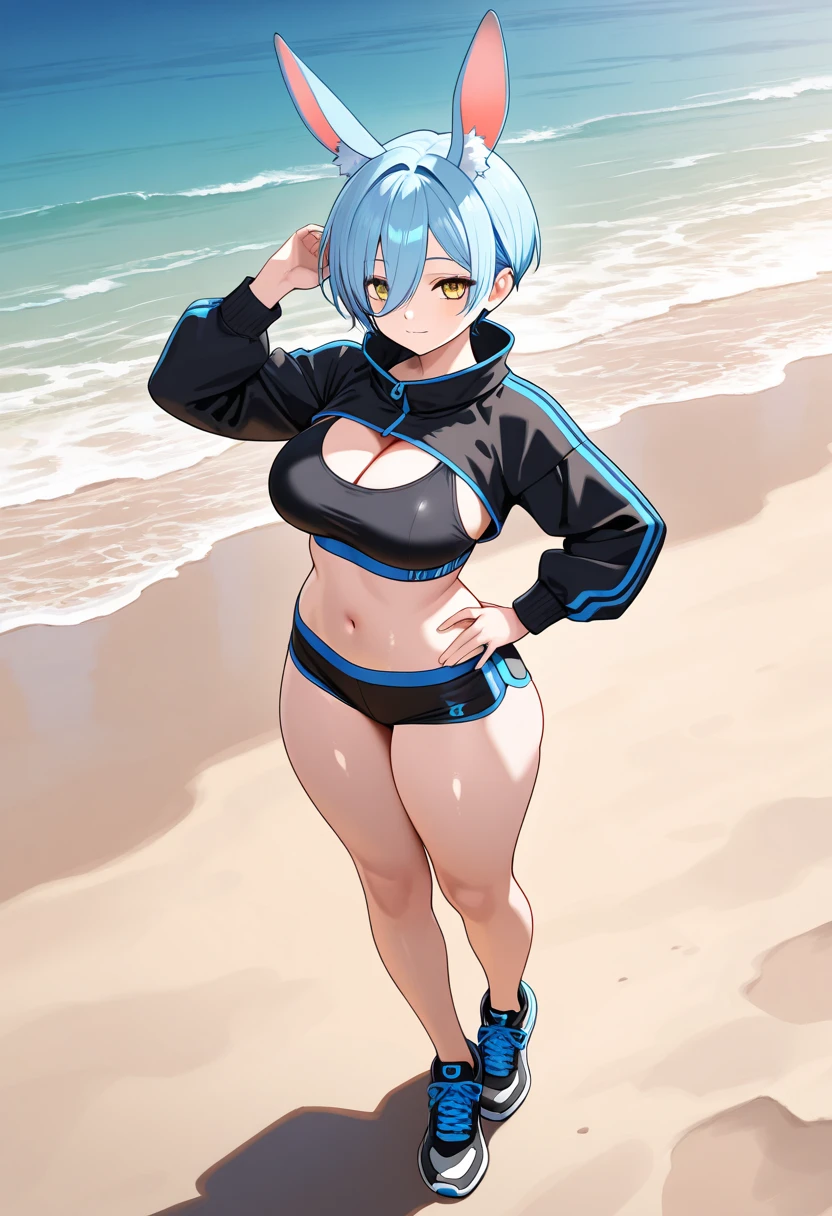 anime girl with blue hair and black pants on the beach, is wearing a swimsuit, at the beach, at a beach, in the beach, pokemon trainer outfit, swimsuit, standing at the beach, on a sunny beach, anime moe artstyle, misty from pokemon, pose(arms up + happy), full body portrait of a short!, on a beach