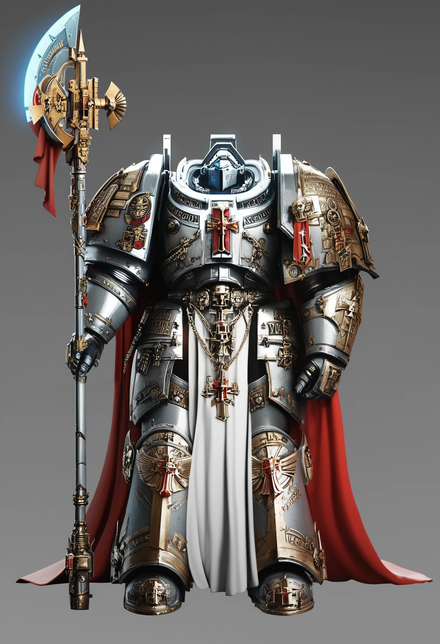 Anime, Concept art, Absurd resolution, high resolution, (masterpiece: 1.4), hyper-detail, warhammer 40k, full body, glowing weapon, cloak, armor, trimmings, edgy, grimdark, octosoup, 1man, bulky, buff, plume, loin cloth, crusader helmet, reference sheet, iron halo, GreyK40k, full shot, Holding_Halberd_V1, power armor, Solo,