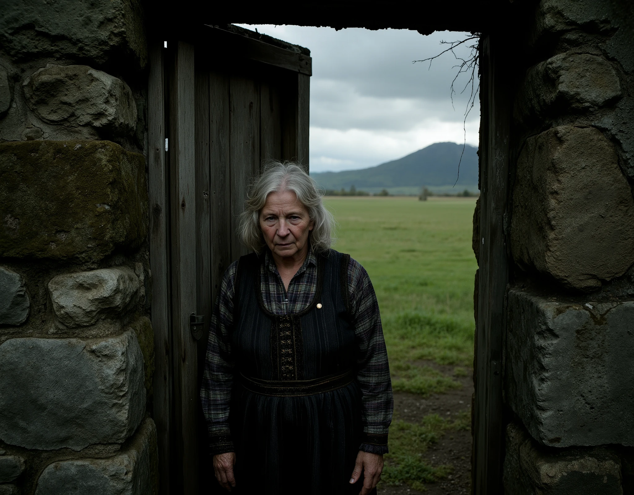 Professional black and white photograph, 80-year-old woman posing in the doorway of a humble stone dwelling, peasant dress, grey hair, serious expression, rustic moss-covered stone building, Eastern Europe, cloudy day, dark composition, vast green field in background, shallow depth of field, dramatic and organic composition, wide angle --ar 16:9 --v 6 --stylize 750