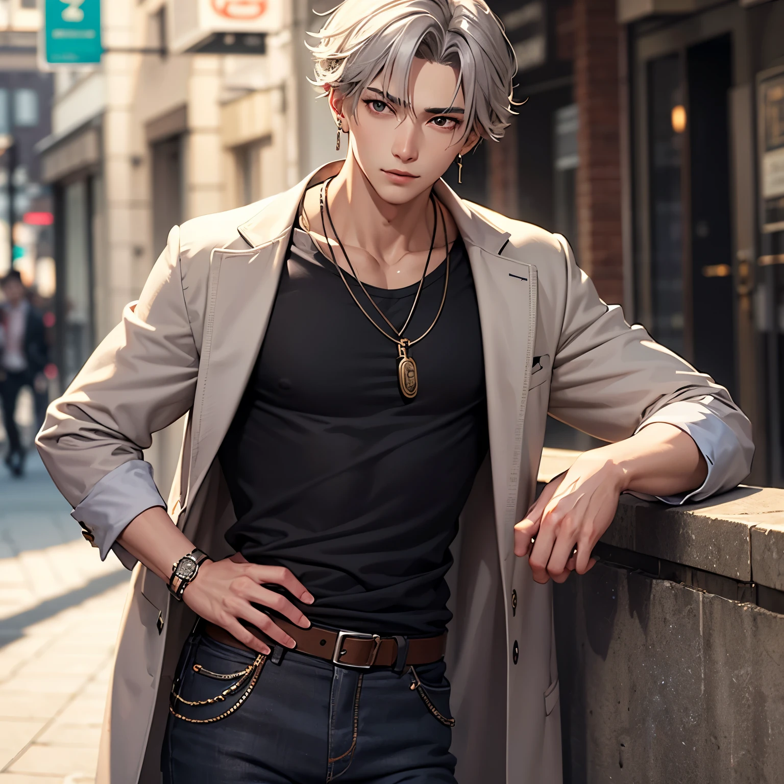 handsome、Gray Hair、male、Earrings、 necklace、Clothes、 pose