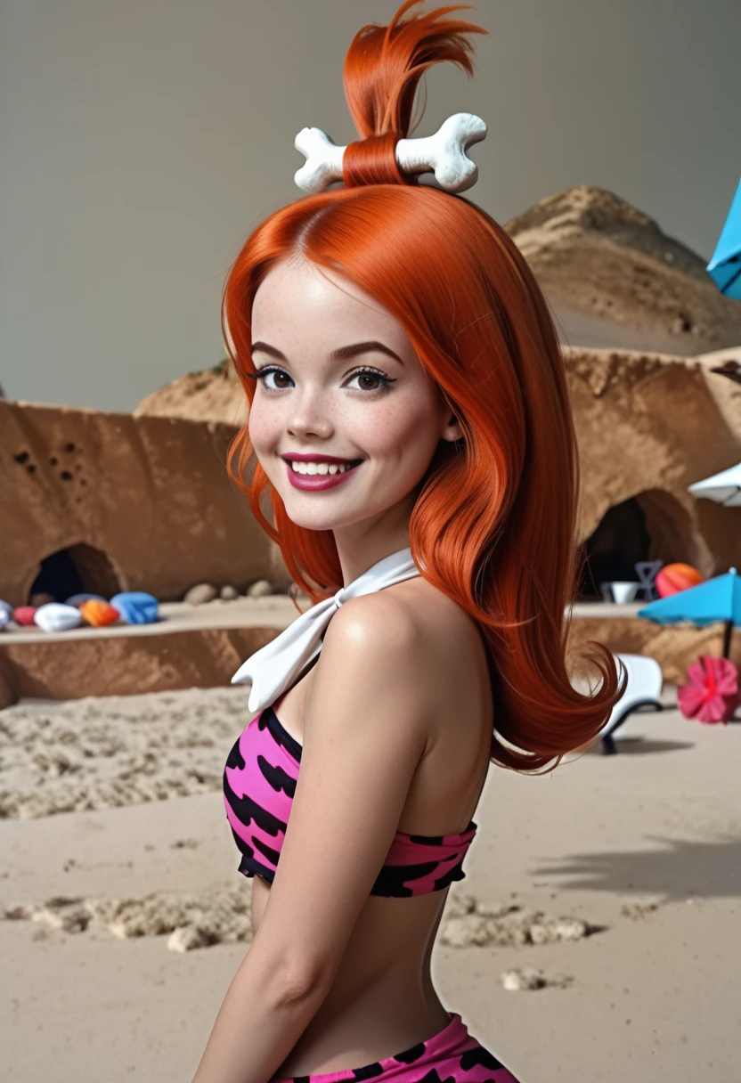 Disney Ariel with red hair, mischief smile, in her ocean plate with the skeleton of flounder on a plate.
