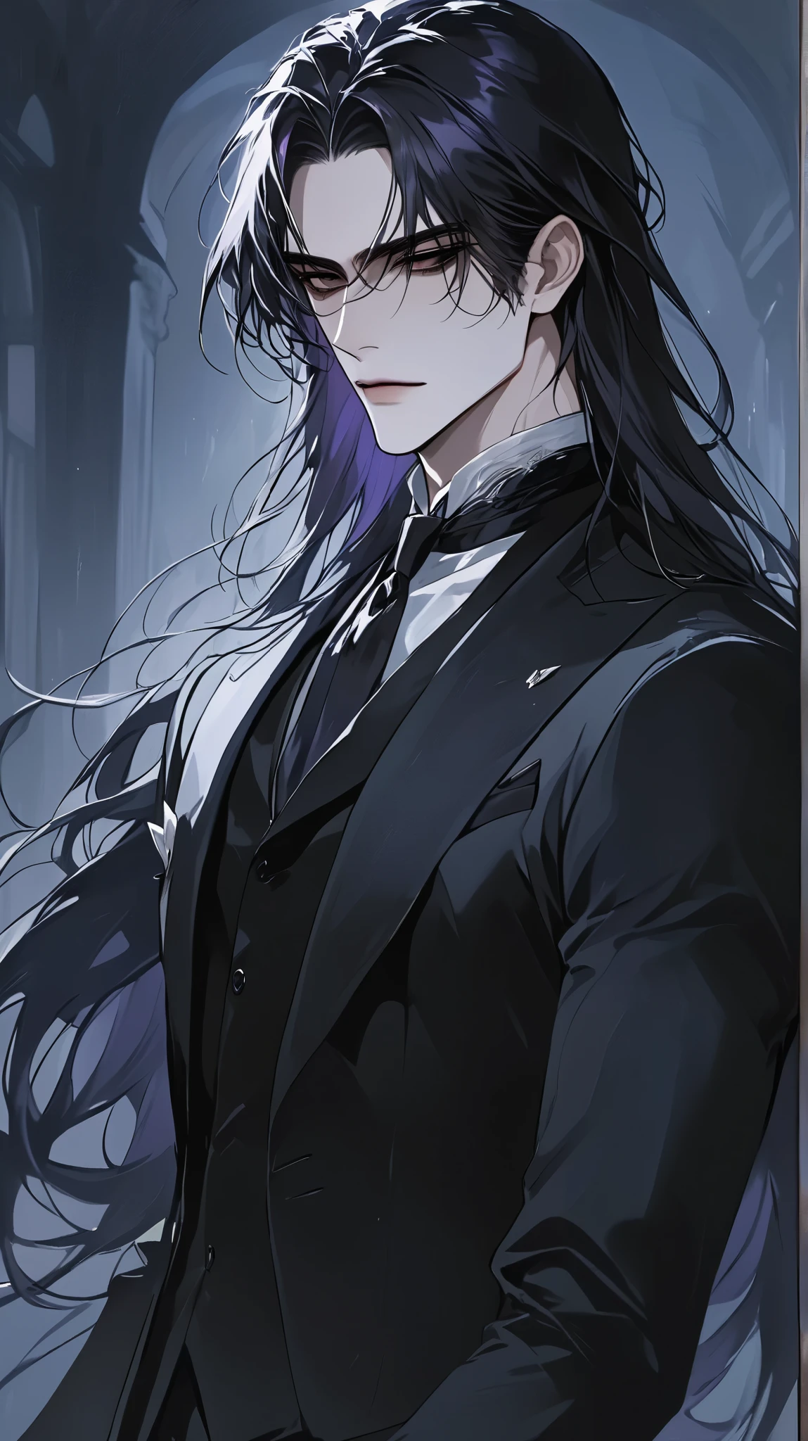 (score_9, score_8_up), long hair, masterpiece, best quality, 1 man , dark purple hair , perfect face , black eye , handsome male , Alone, adult male , delicate line drawingimpasto, masterpiece, high resolution, Top quality, unique , 1 male , nice , white skin , black haired, a butler, devil, suit, dark atmosphere.